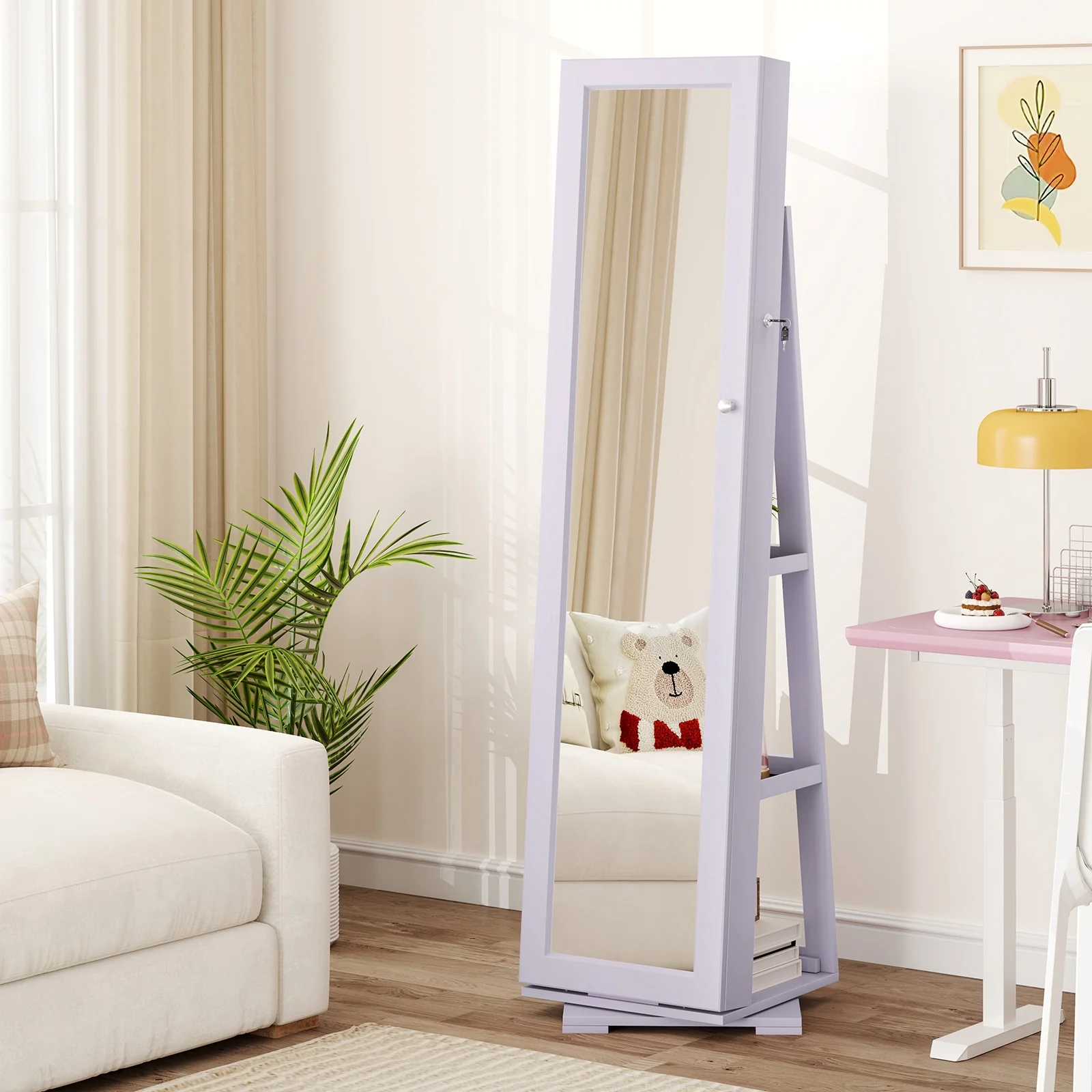 Rotatable 2-in-1 Lockable Jewelry Cabinet, Full-Length Mirror, Purple - Image 2