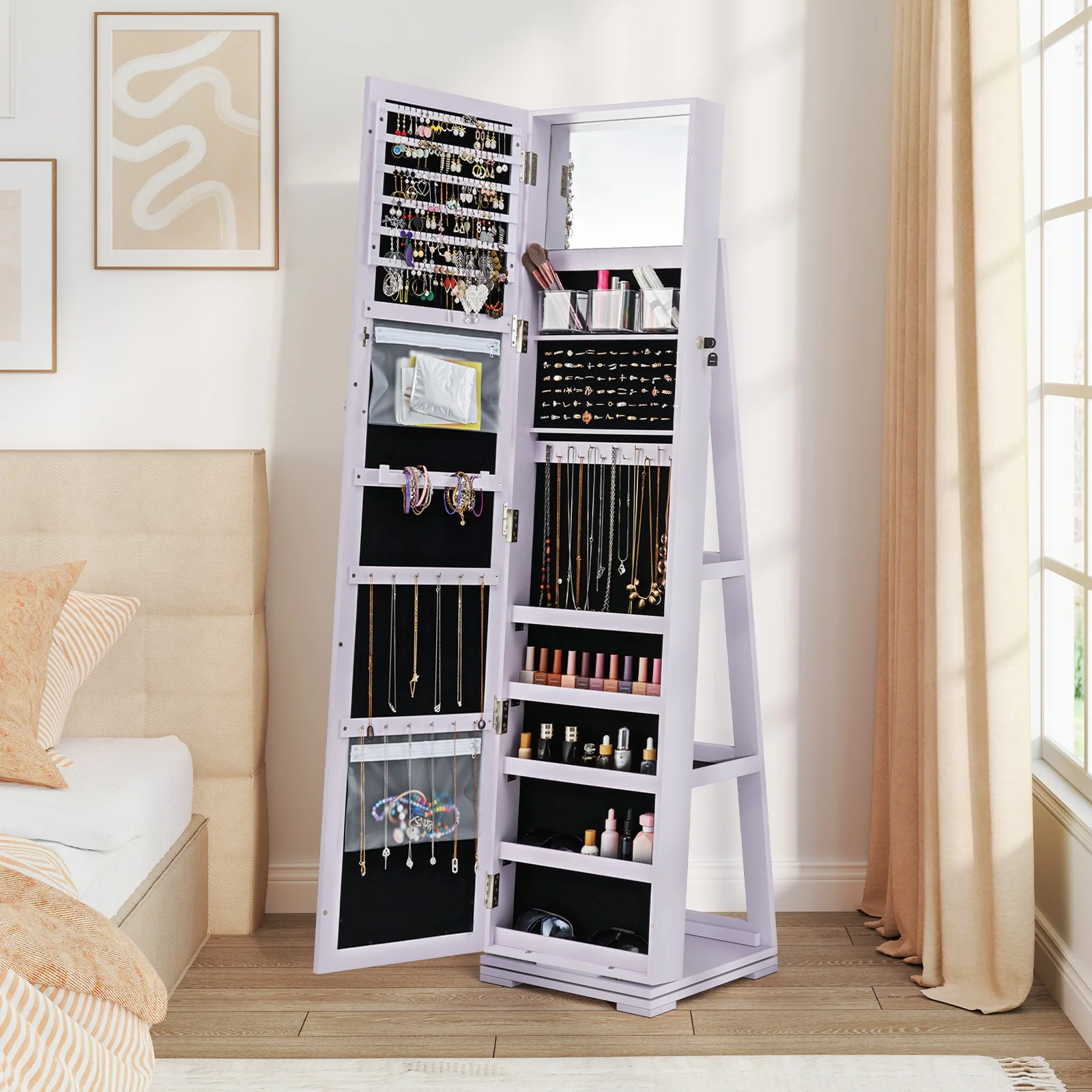 Rotatable 2-in-1 Lockable Jewelry Cabinet, Full-Length Mirror, Purple - Image 3
