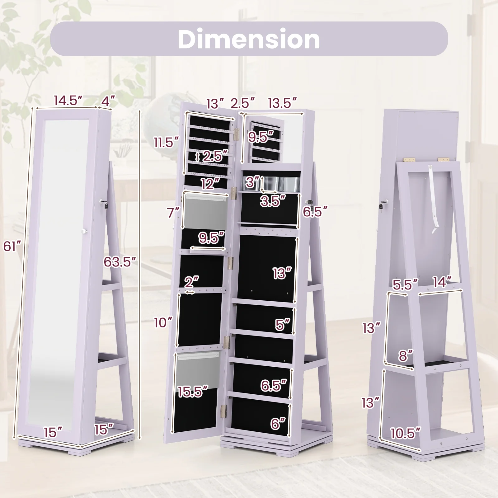 Rotatable 2-in-1 Lockable Jewelry Cabinet, Full-Length Mirror, Purple - Image 5