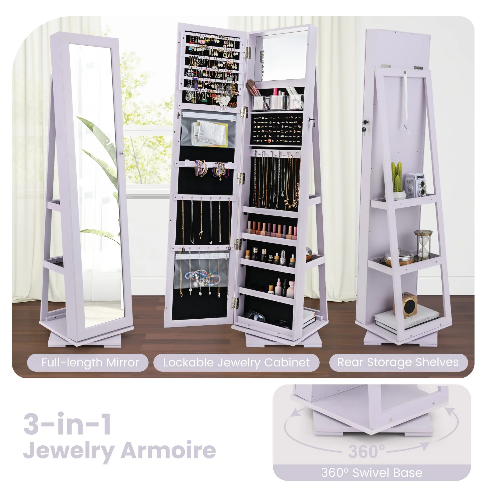 Rotatable 2-in-1 Lockable Jewelry Cabinet, Full-Length Mirror, Purple - Image 8