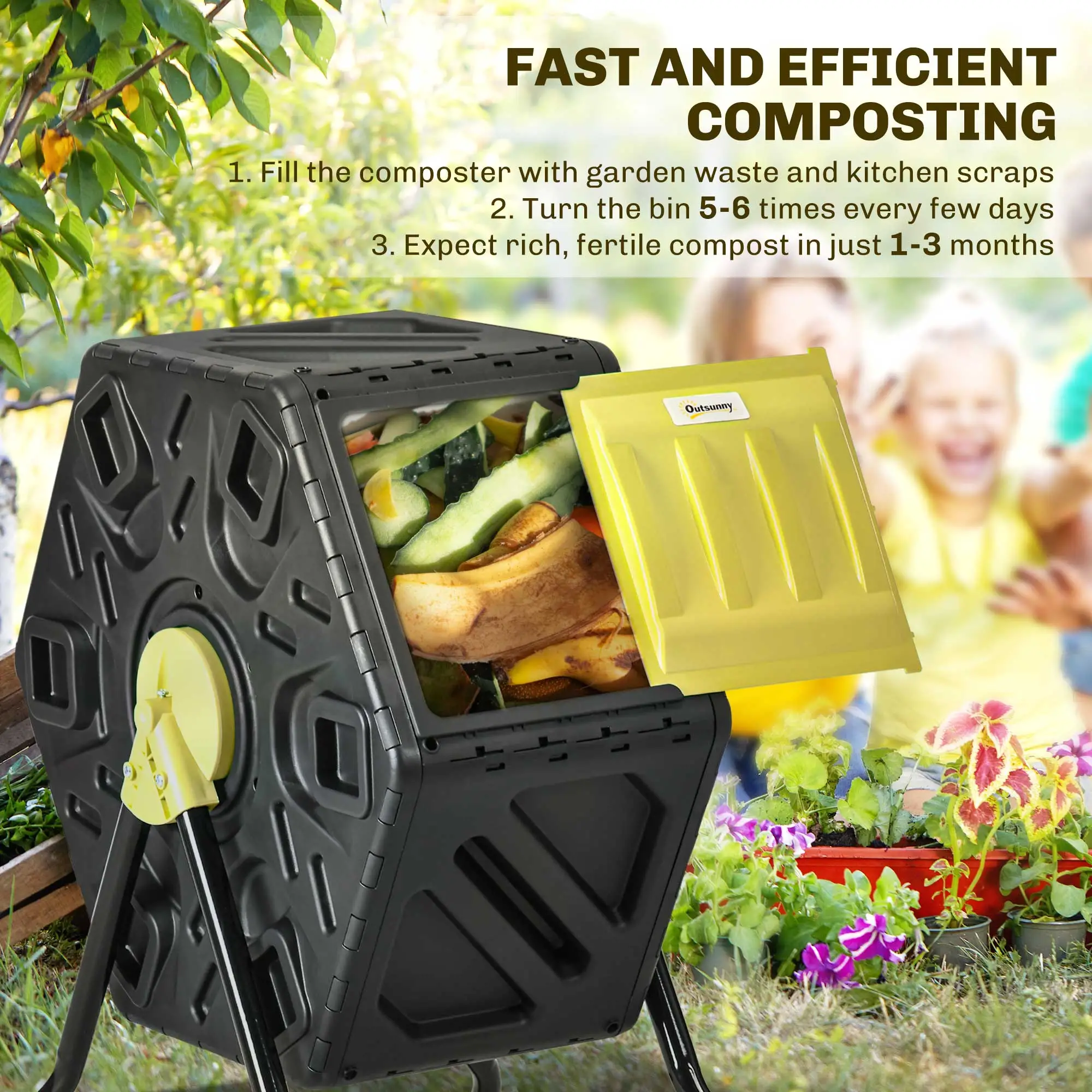 Rotating Composter Bin, 17 Gallon, Yellow - Image 4