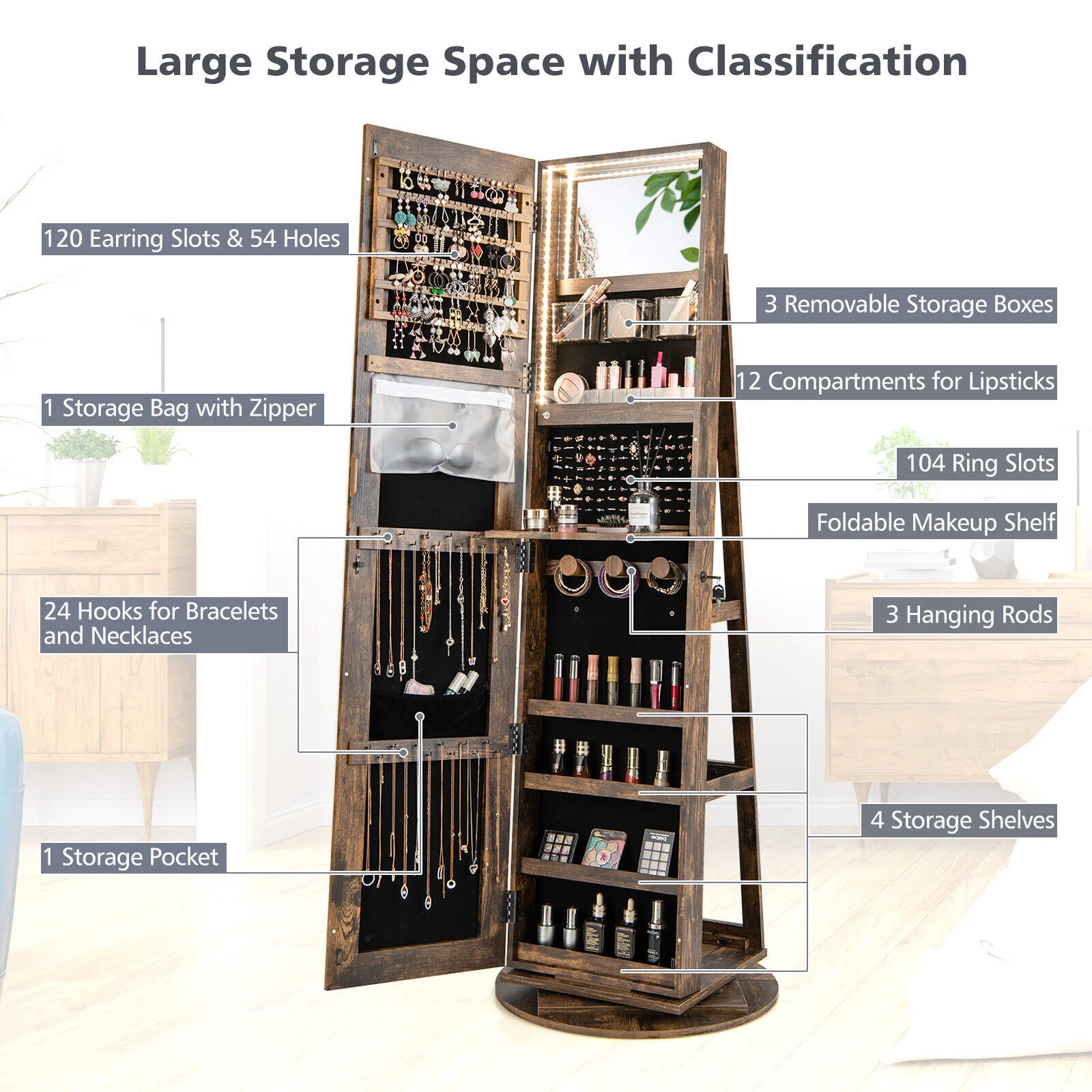 Rotating Mirrored Jewelry Cabinet, 3 LED Modes, Lockable, Brown - Image 10