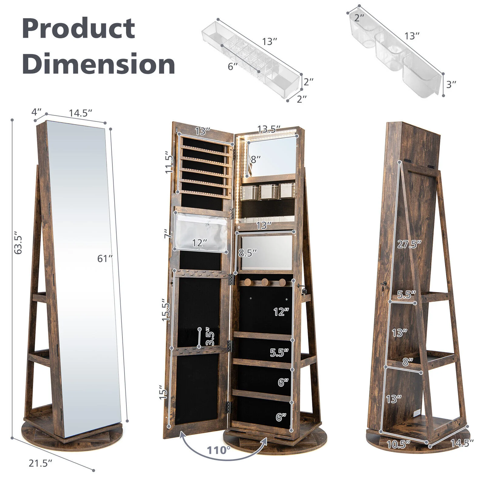 Rotating Mirrored Jewelry Cabinet, 3 LED Modes, Lockable, Brown - Image 5