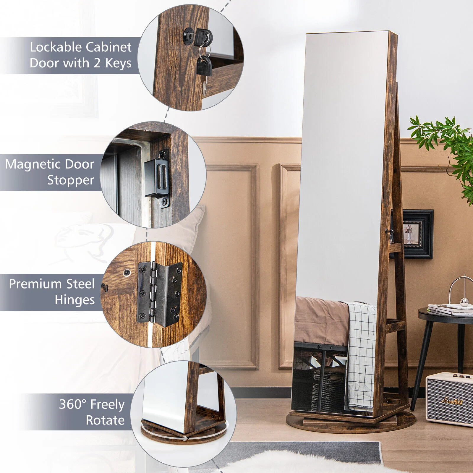 Rotating Mirrored Jewelry Cabinet, 3 LED Modes, Lockable, Brown - Image 6