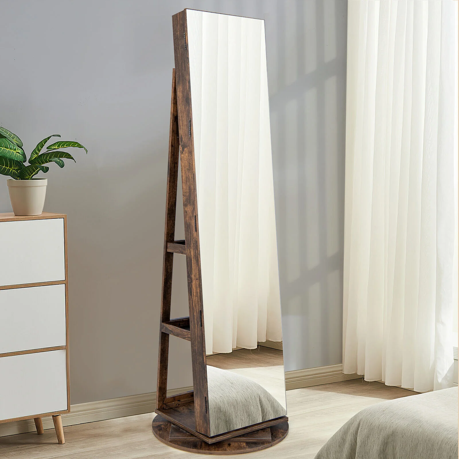 Rotating Mirrored Jewelry Cabinet, 3 LED Modes, Lockable, Brown - Image 7