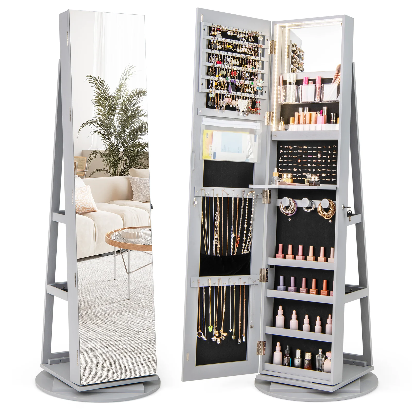 Rotating Mirrored Jewelry Cabinet, 3 LED Modes, Lockable, Gray