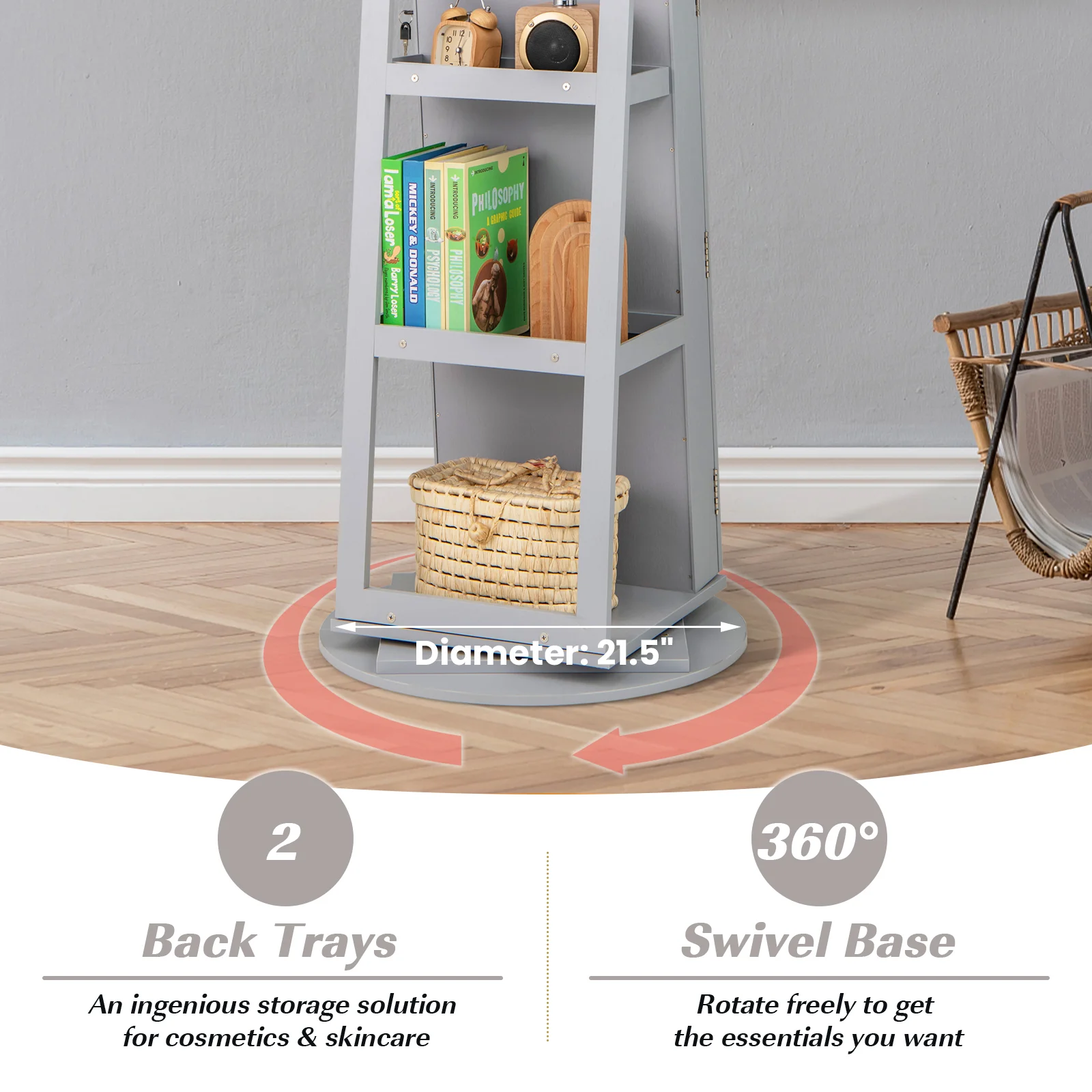 Rotating Mirrored Jewelry Cabinet, 3 LED Modes, Lockable, Gray - Image 10