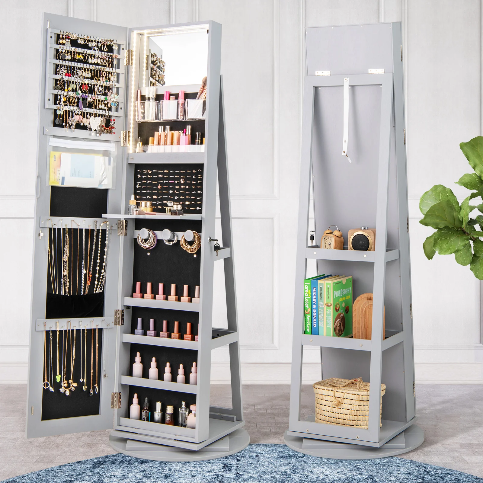 Rotating Mirrored Jewelry Cabinet, 3 LED Modes, Lockable, Gray - Image 3