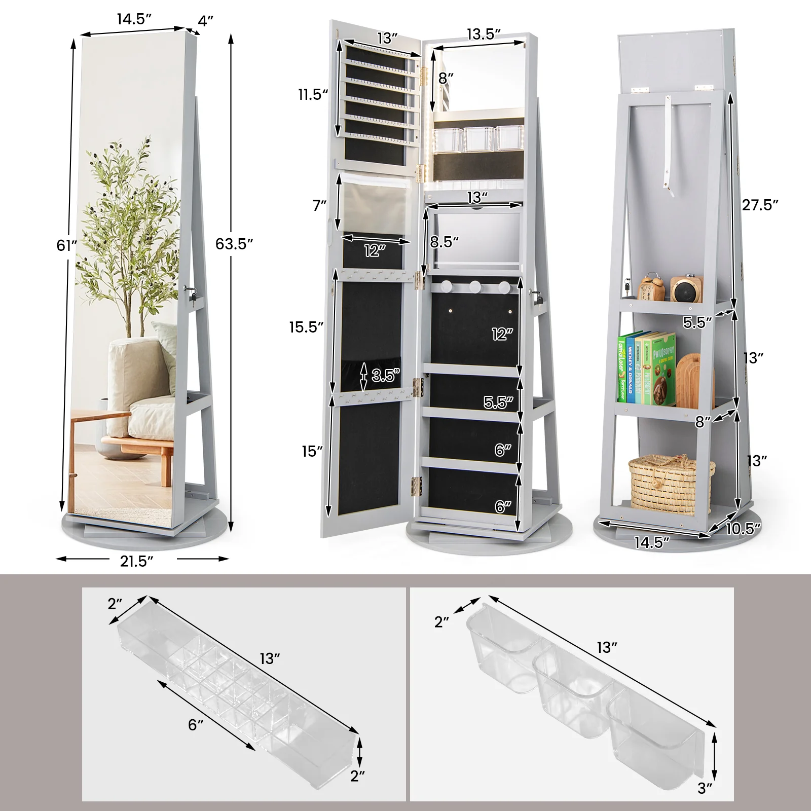 Rotating Mirrored Jewelry Cabinet, 3 LED Modes, Lockable, Gray - Image 5