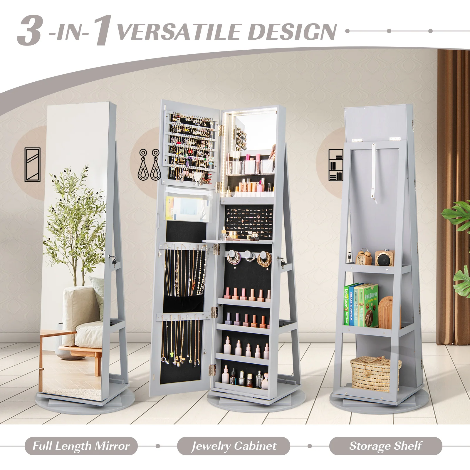 Rotating Mirrored Jewelry Cabinet, 3 LED Modes, Lockable, Gray - Image 6