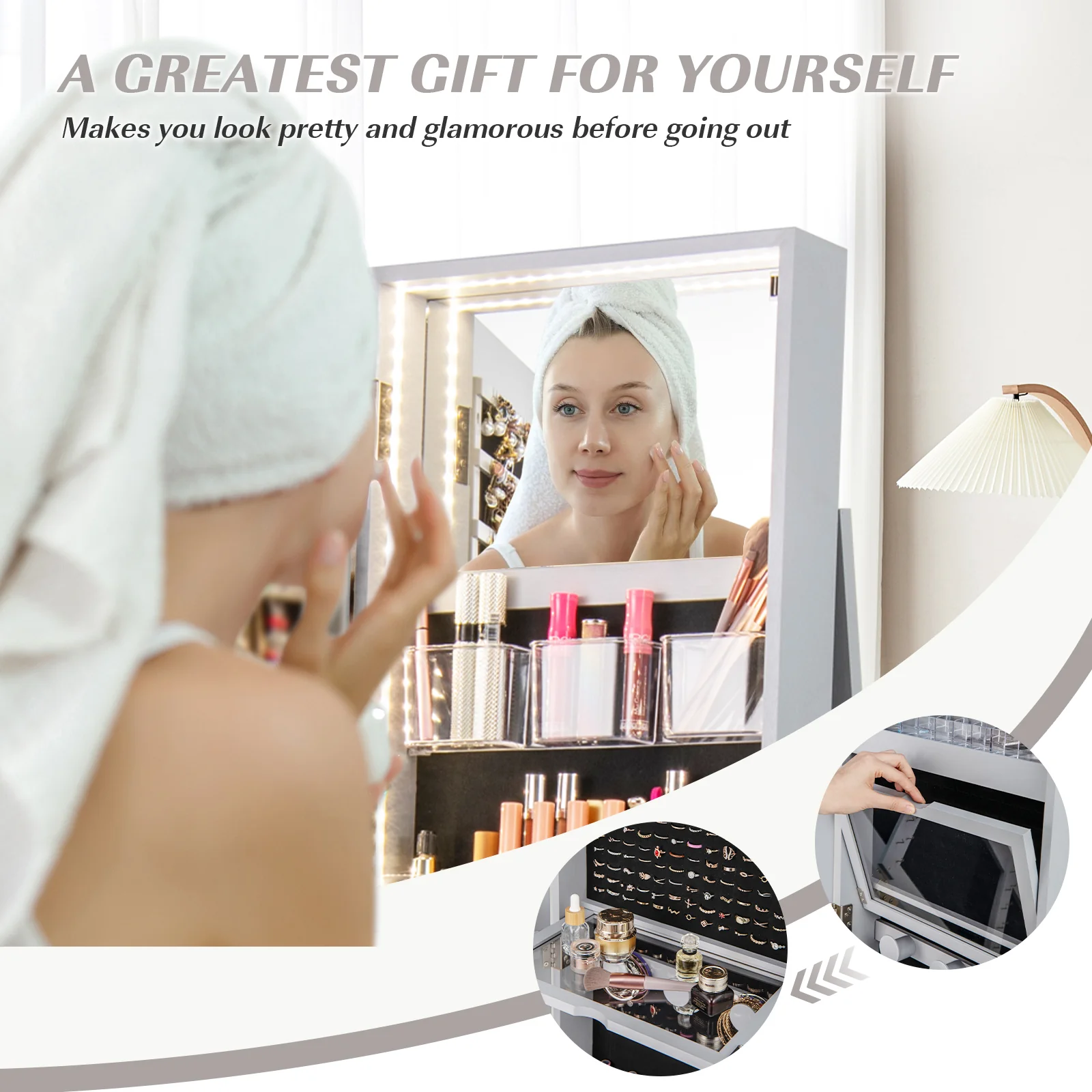 Rotating Mirrored Jewelry Cabinet, 3 LED Modes, Lockable, Gray - Image 9