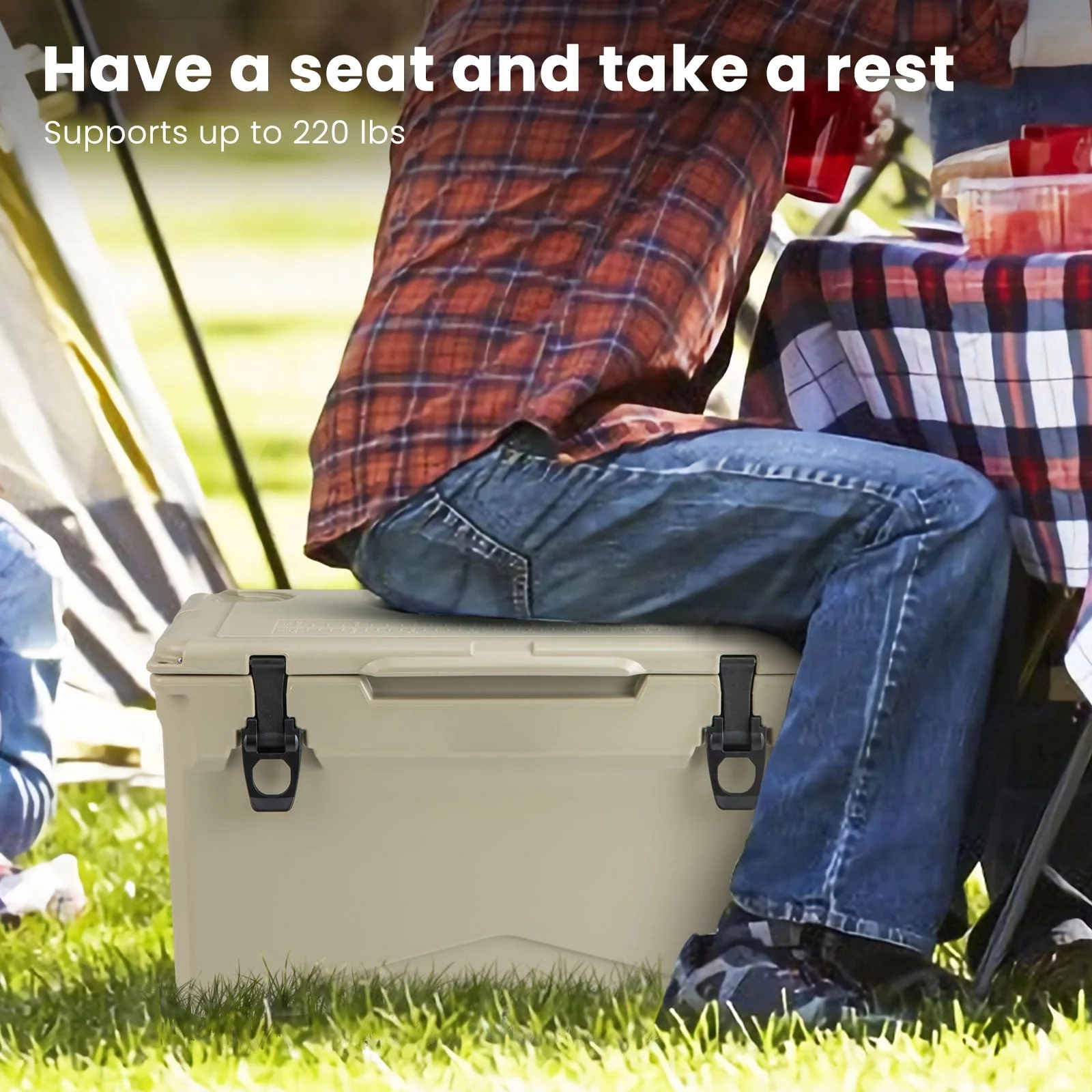 Rotomolded Cooler With Cup Holders, Bottle Opener, Tan - Image 3