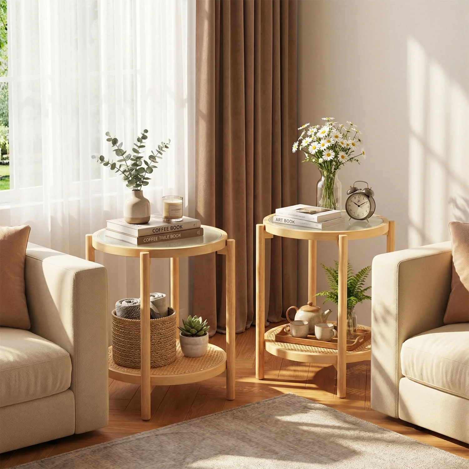 Round 2-Tier Boho End Table, Glass Top, Natural - Image 6