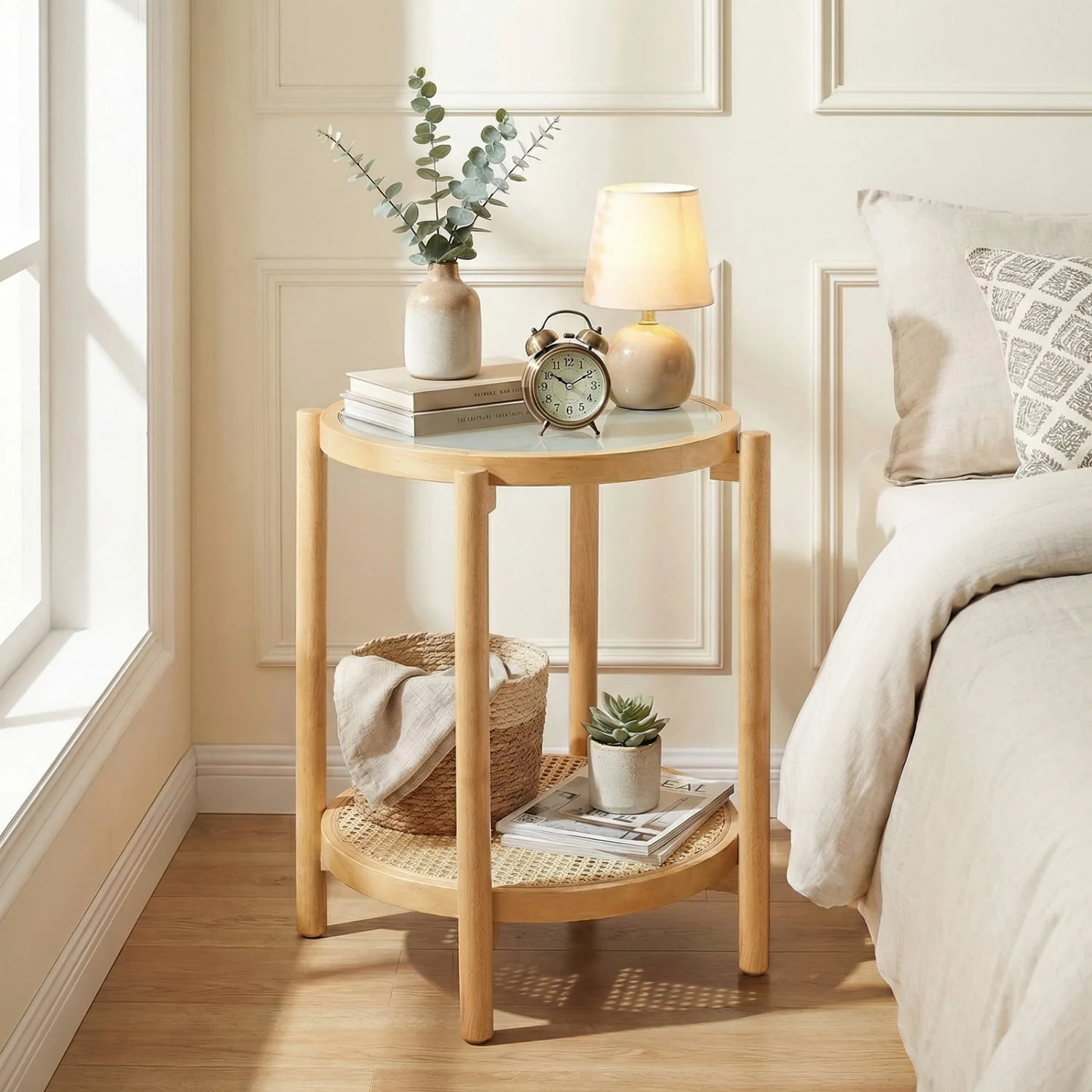 Round 2-Tier Boho End Table, Glass Top, Natural - Image 7