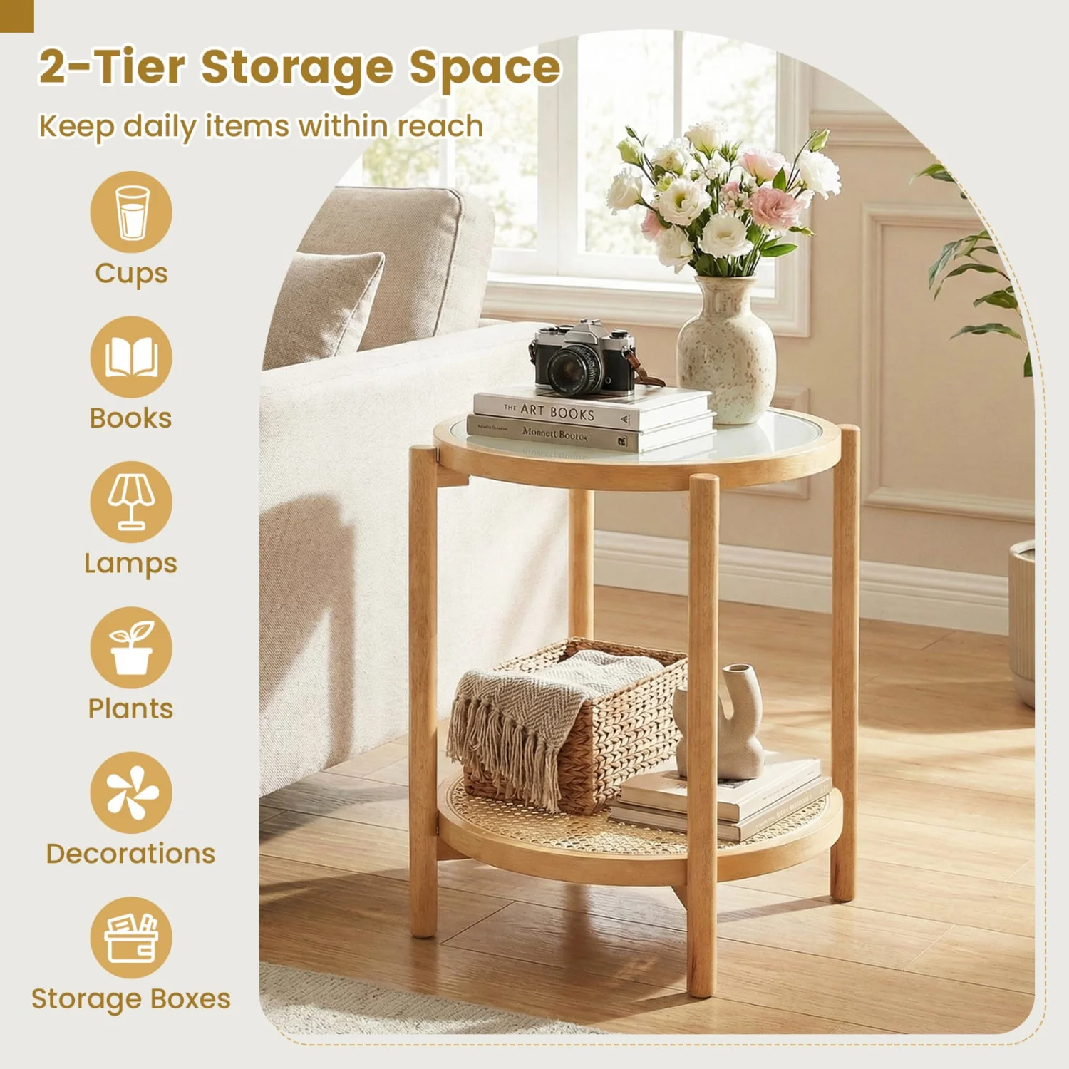 Round 2-Tier Boho End Table, Glass Top, Natural - Image 8
