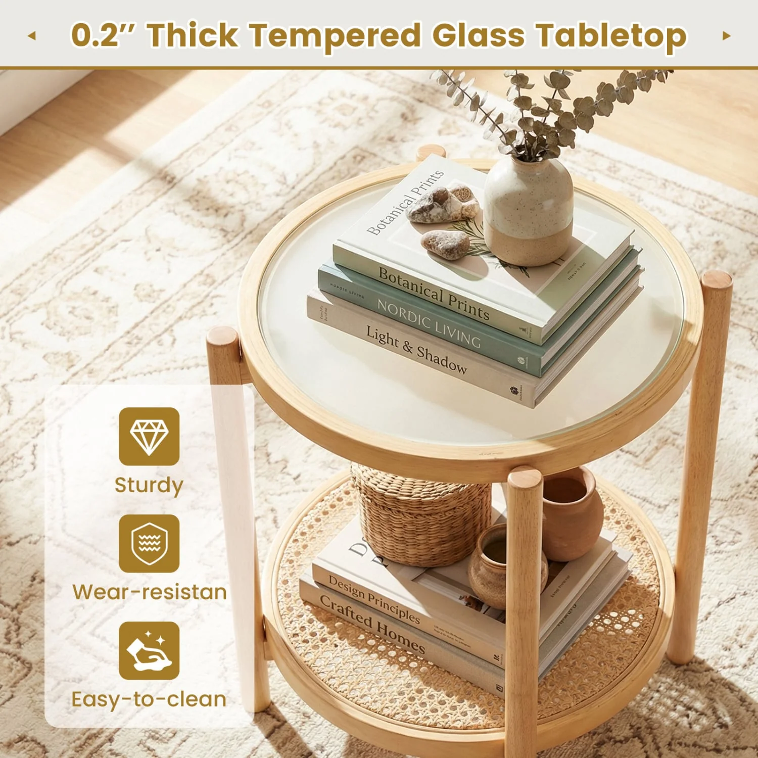 Round 2-Tier Boho End Table, Glass Top, Natural - Image 9