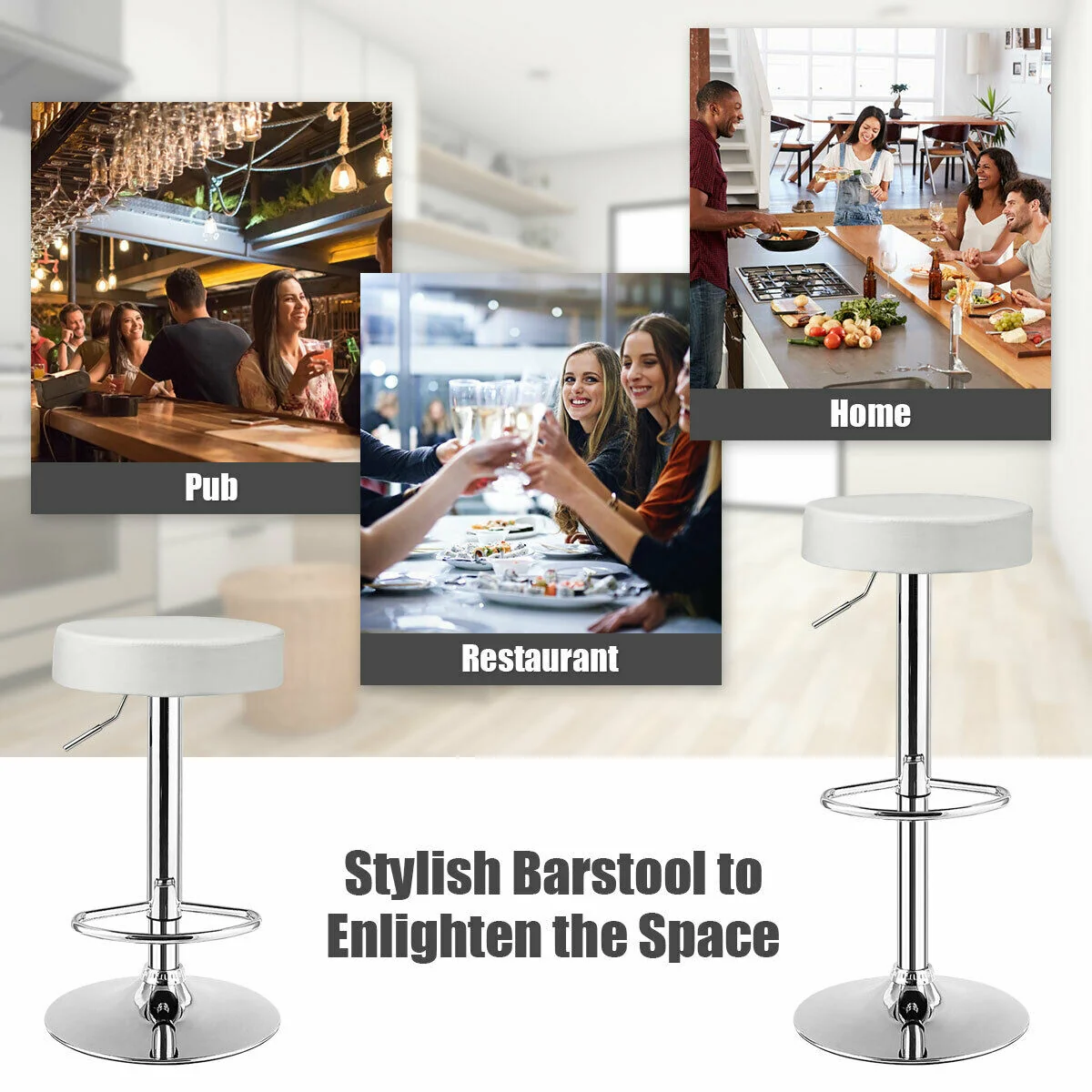 Round Bar Stool, Adjustable Swivel Pub Chair, White - Image 6