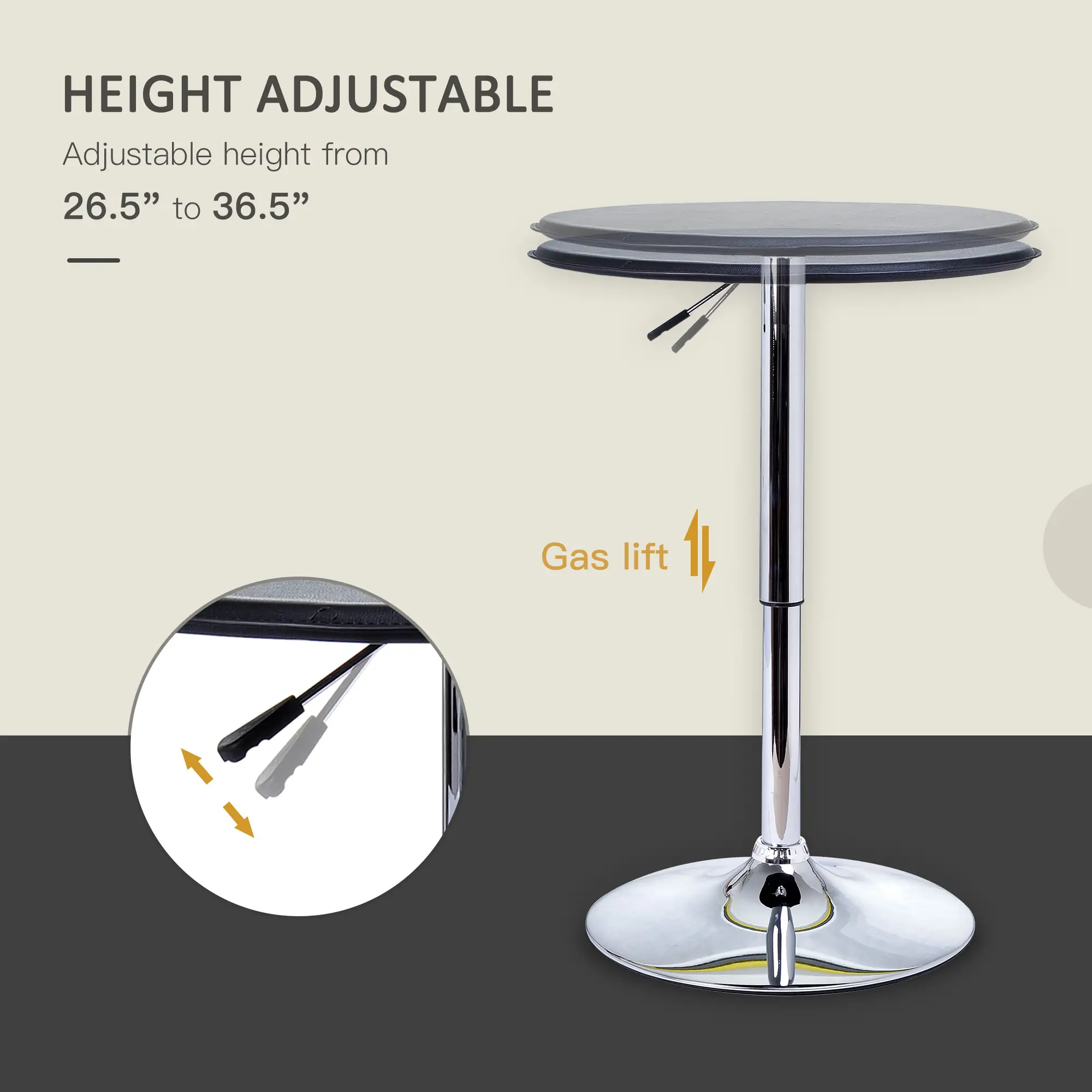 Round Bar Table, Adjustable Height, Faux Leather Top, Chrome Base, Black - Image 4