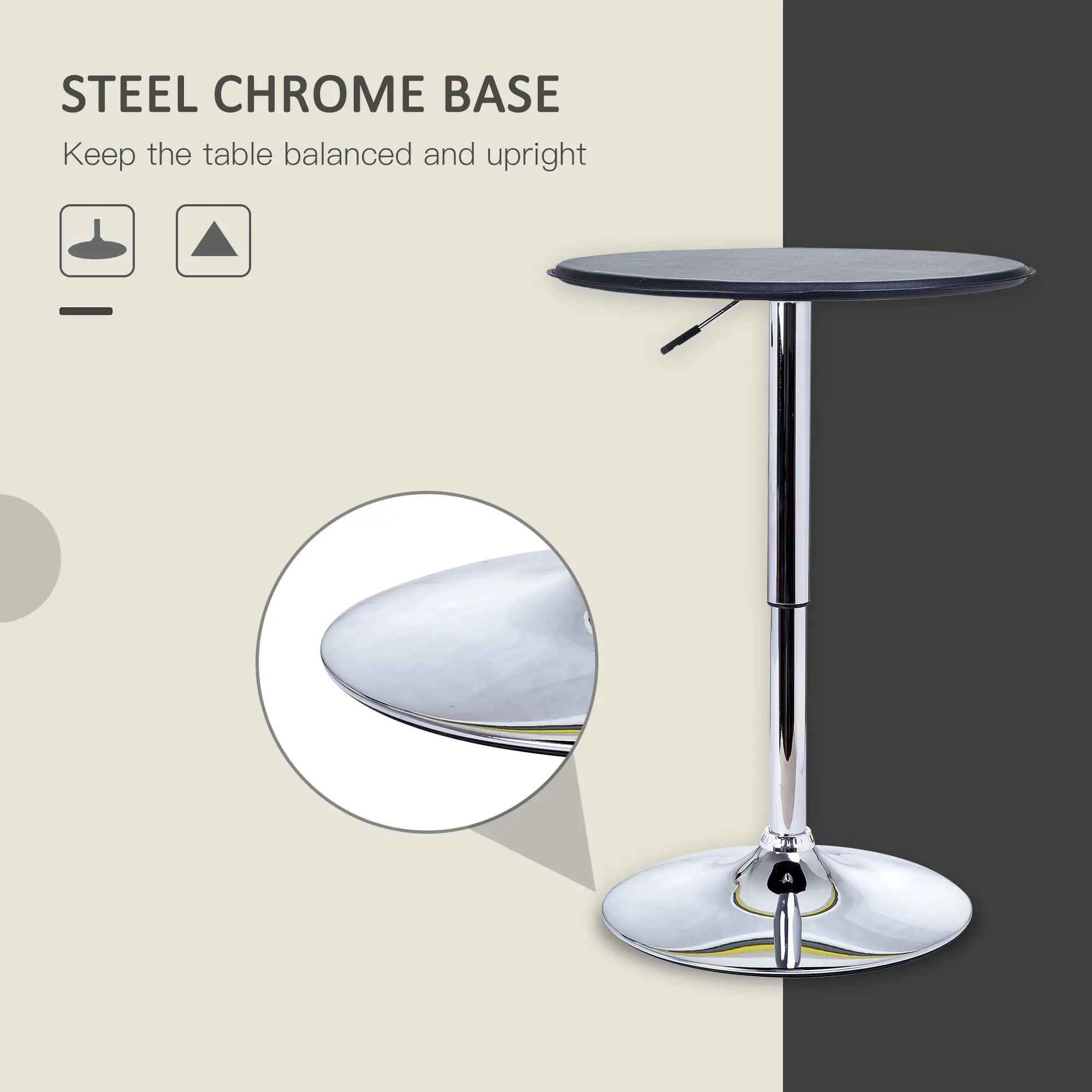 Round Bar Table, Adjustable Height, Faux Leather Top, Chrome Base, Black - Image 6
