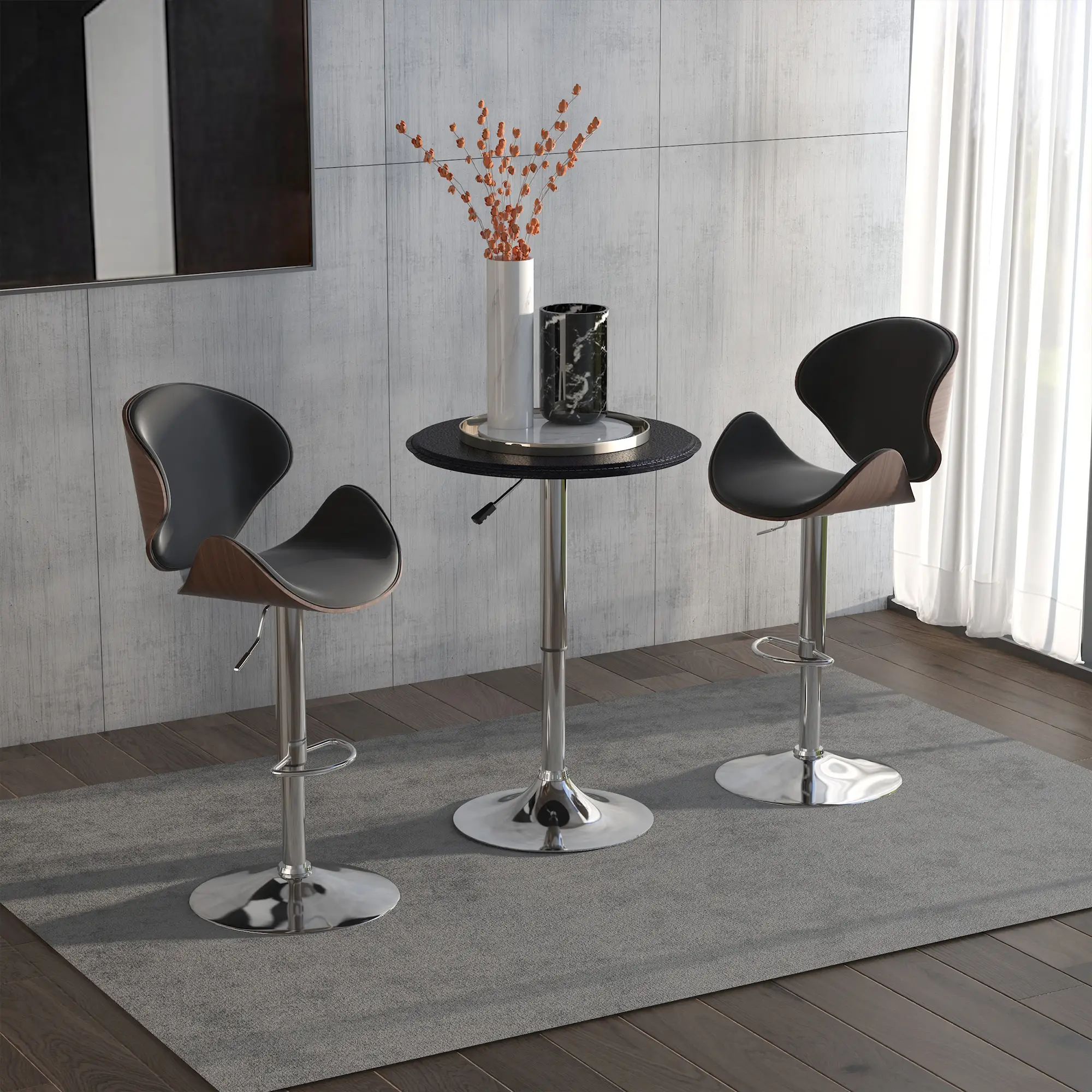 Round Bar Table, Adjustable Height, Faux Leather Top, Chrome Base, Black - Image 8