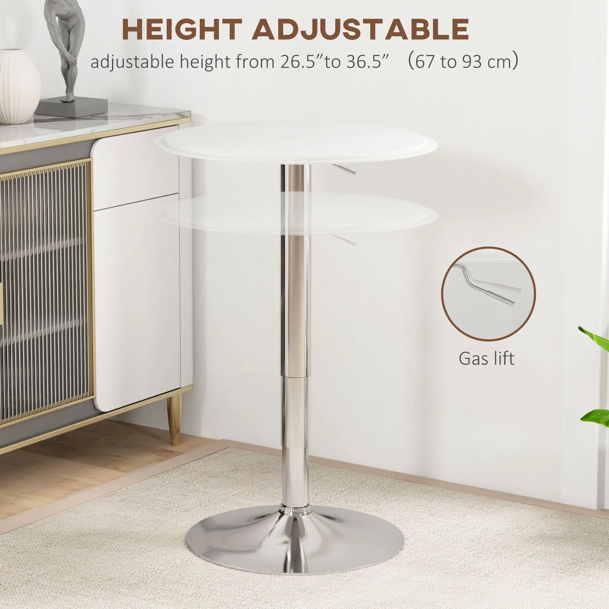 Round Bar Table, Adjustable Height, Faux Leather, Wooden Top, Chrome Base, White - Image 4