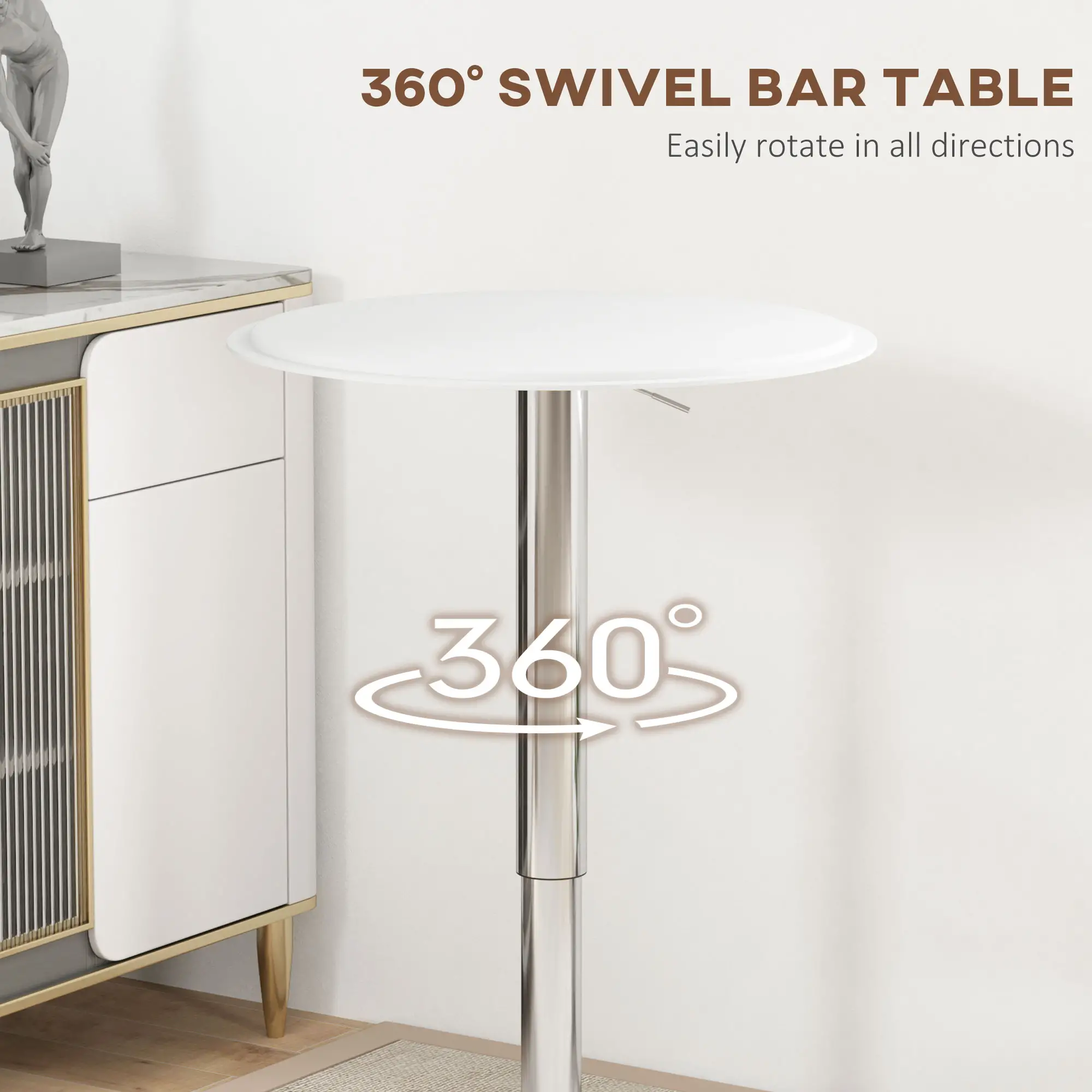 Round Bar Table, Adjustable Height, Faux Leather, Wooden Top, Chrome Base, White - Image 5