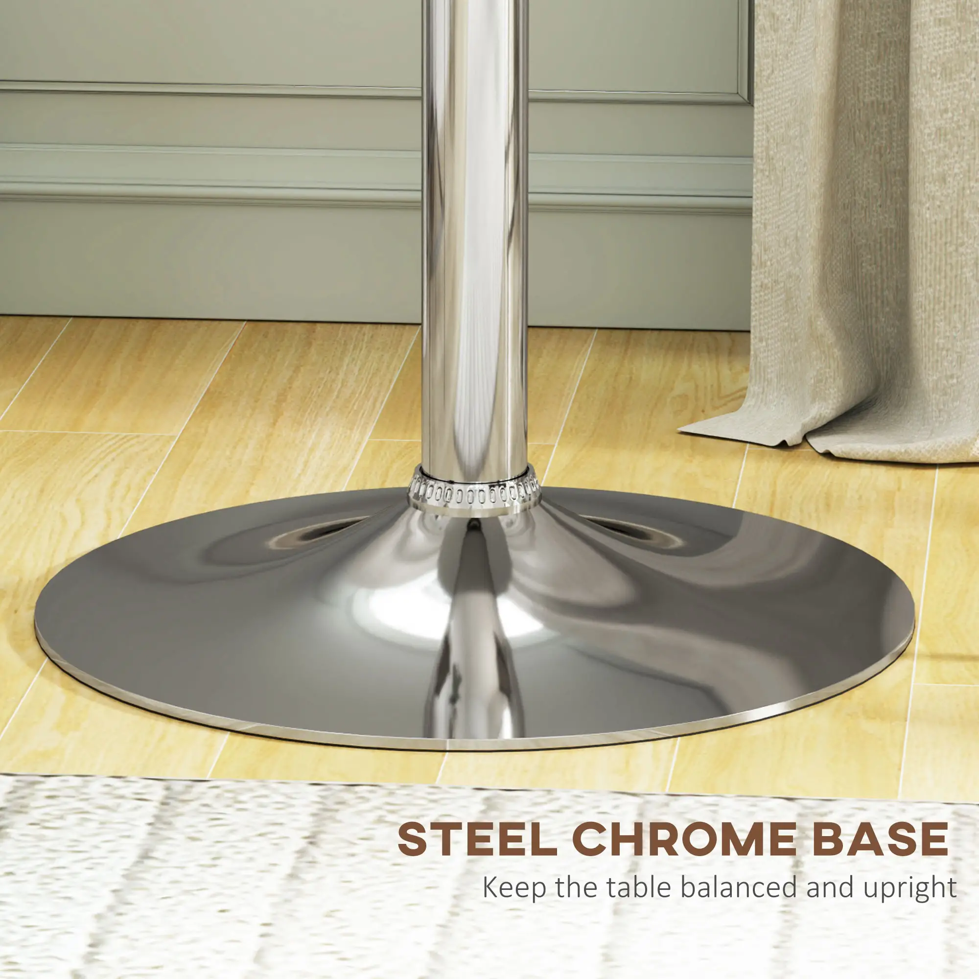 Round Bar Table, Adjustable Height, Faux Leather, Wooden Top, Chrome Base, White - Image 6