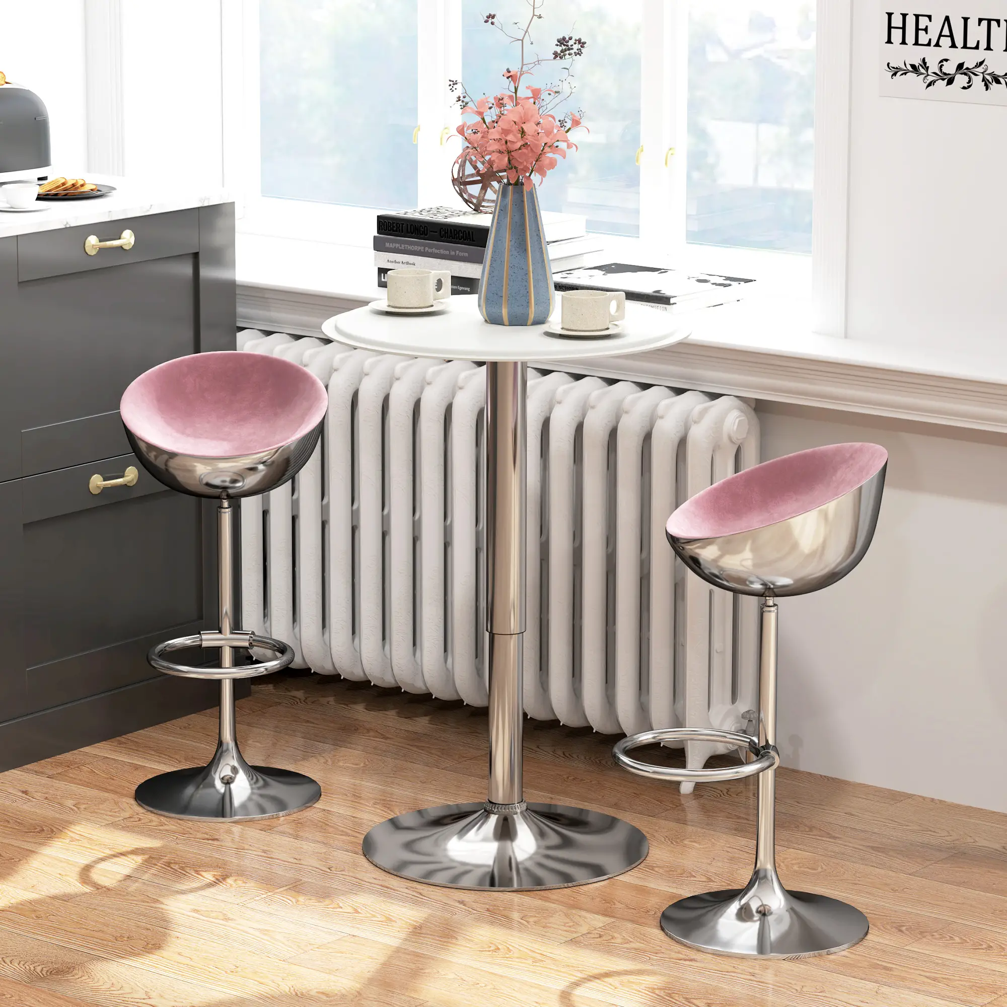 Round Bar Table, Adjustable Height, Faux Leather, Wooden Top, Chrome Base, White - Image 8