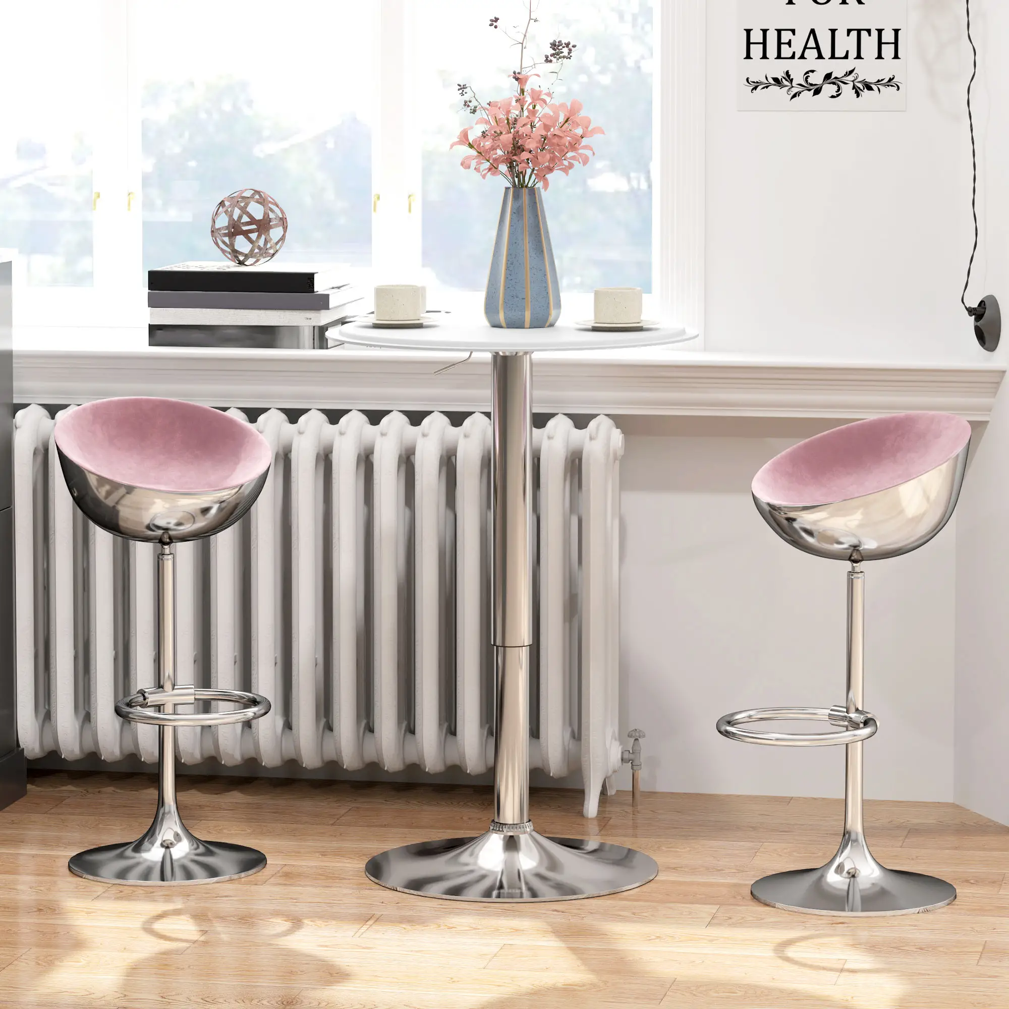 Round Bar Table, Adjustable Height, Faux Leather, Wooden Top, Chrome Base, White - Image 9