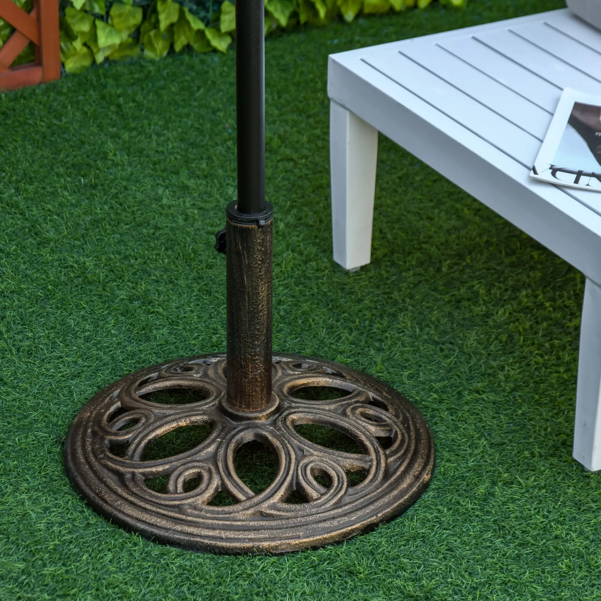 Round Cast Iron Umbrella Base Stand, Outdoor, Fit Dia. 1.5", 2" Pole, Bronze - Image 2