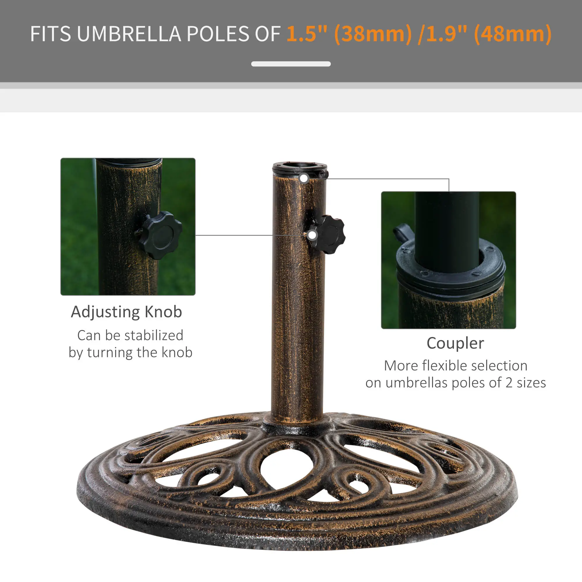 Round Cast Iron Umbrella Base Stand, Outdoor, Fit Dia. 1.5", 2" Pole, Bronze - Image 4