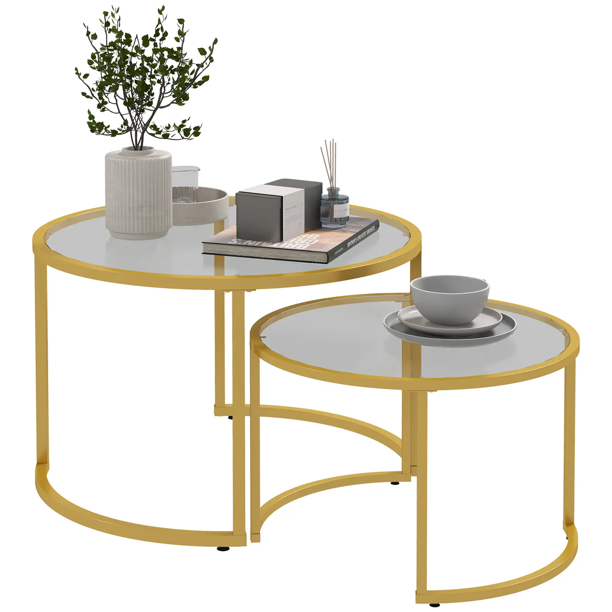 Round Coffee Table Set, Tempered Glass Top, Steel Frame, Gold