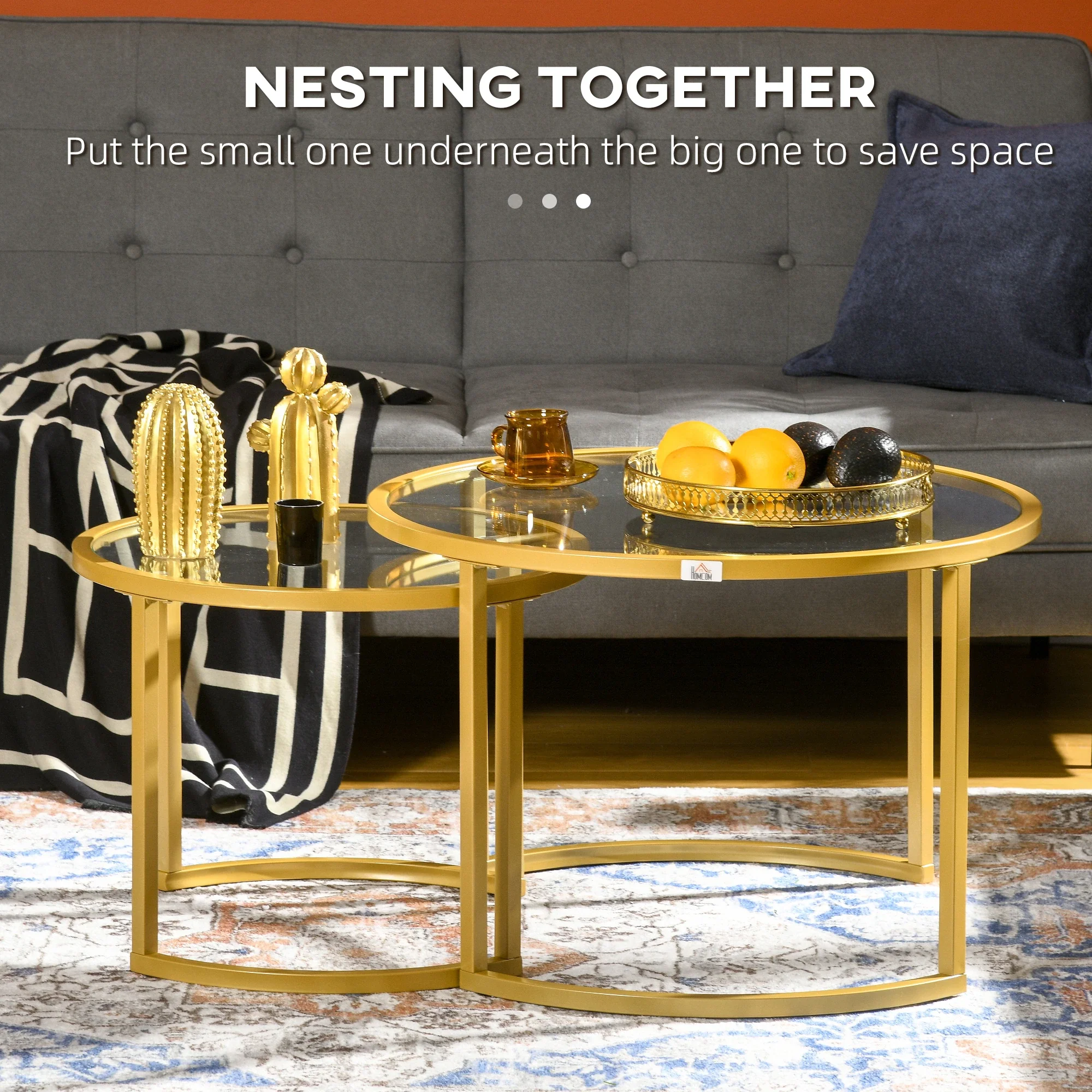 Round Coffee Table Set, Tempered Glass Top, Steel Frame, Gold - Image 4