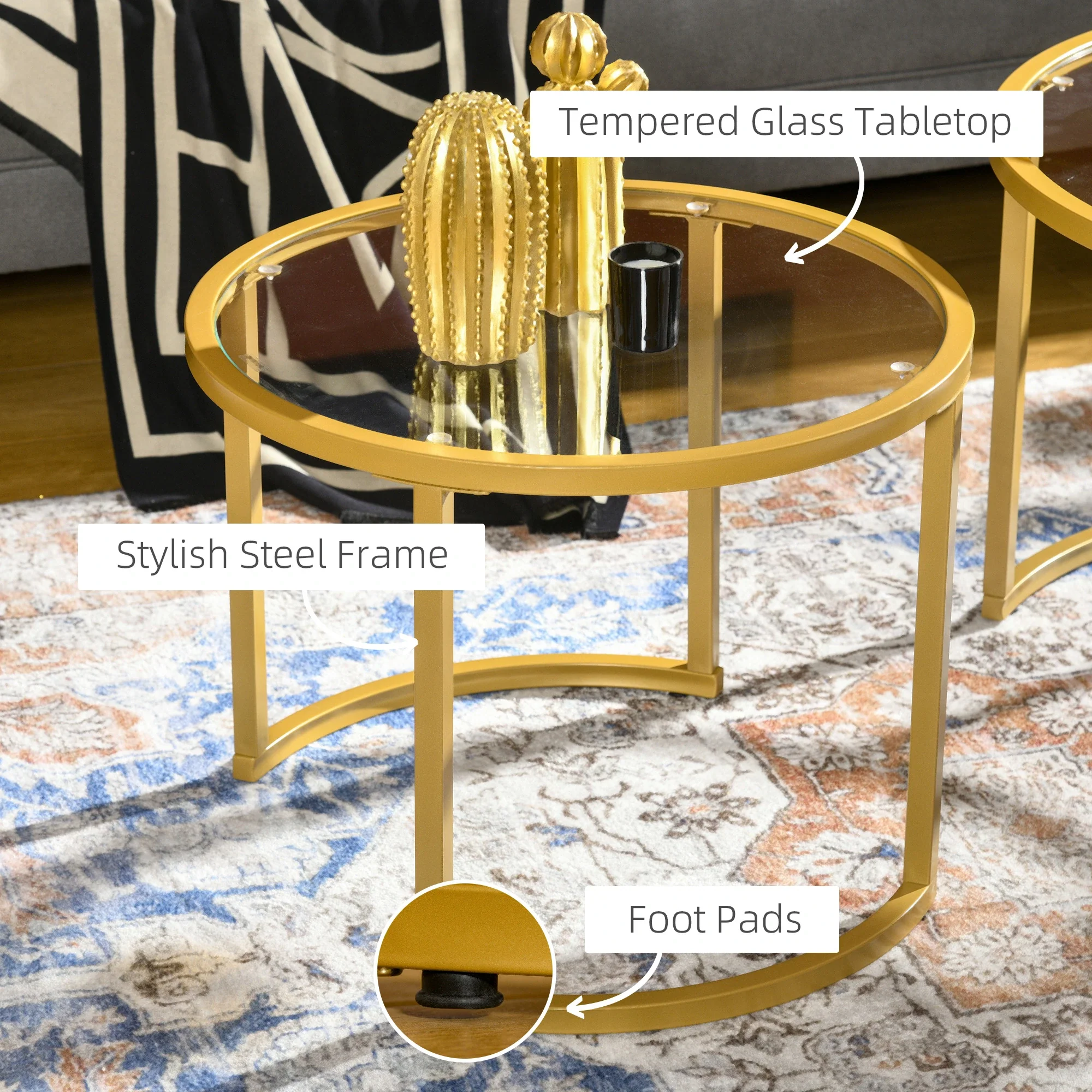 Round Coffee Table Set, Tempered Glass Top, Steel Frame, Gold - Image 5