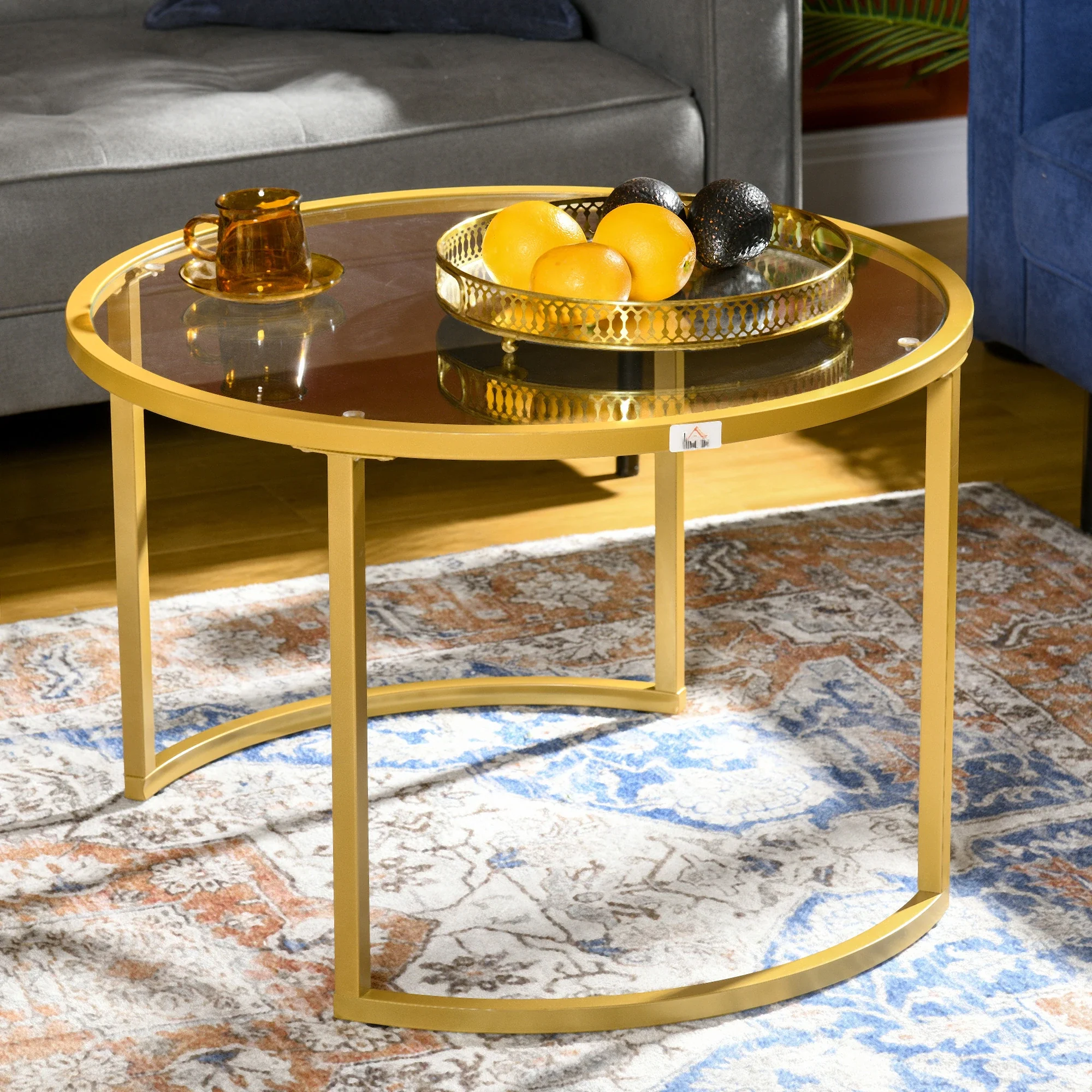 Round Coffee Table Set, Tempered Glass Top, Steel Frame, Gold - Image 8