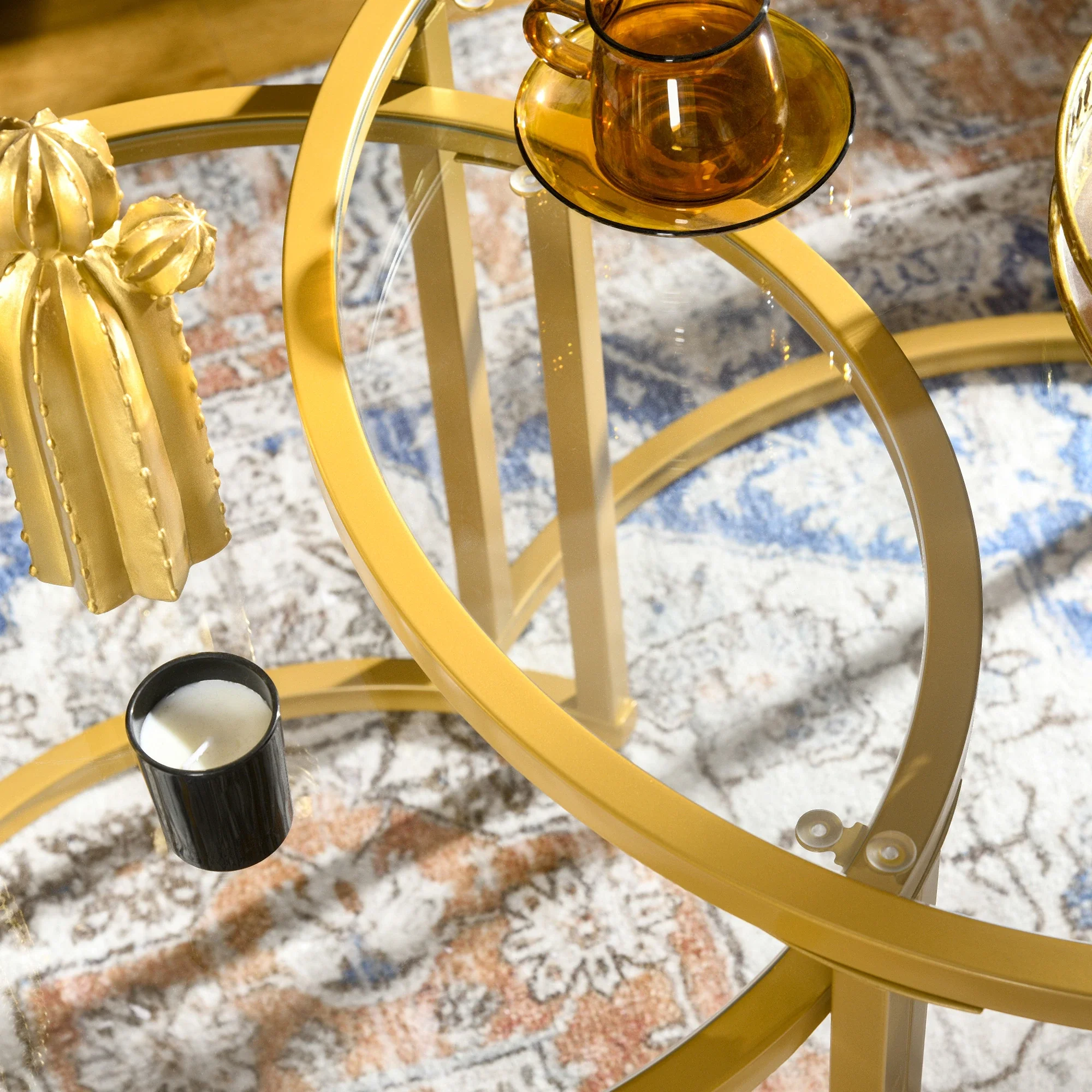 Round Coffee Table Set, Tempered Glass Top, Steel Frame, Gold - Image 9