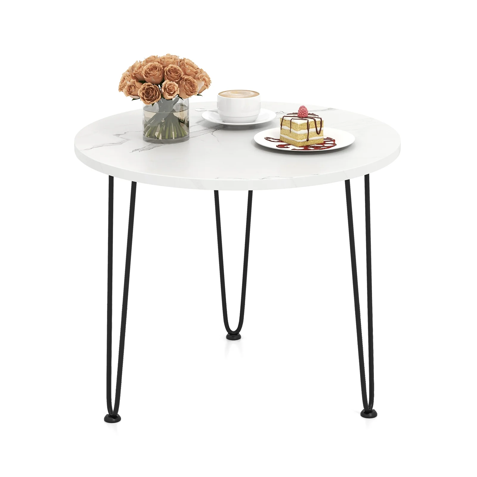 Round Coffee Table, Thickened Tabletop, Metal Tripod Legs, White