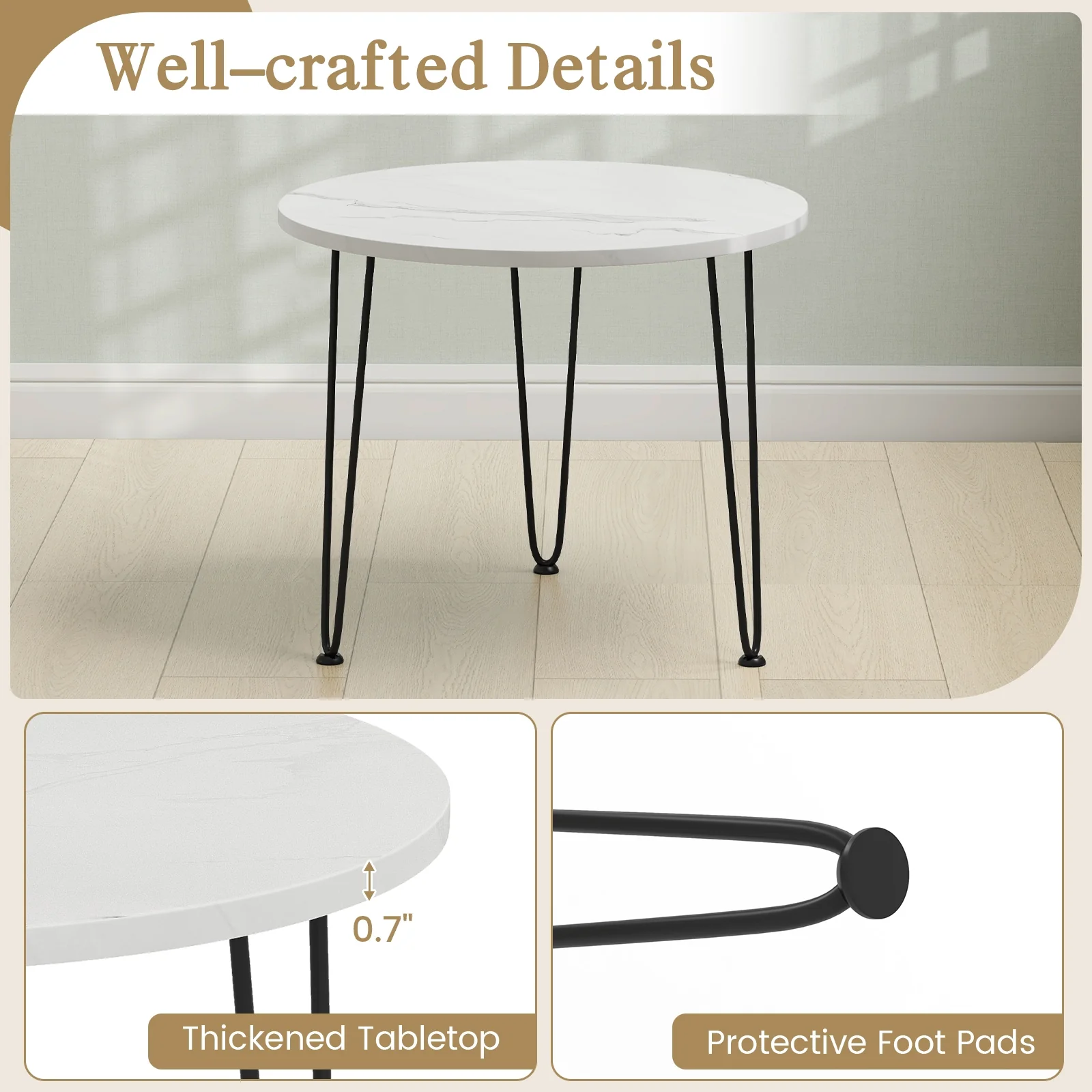 Round Coffee Table, Thickened Tabletop, Metal Tripod Legs, White - Image 10