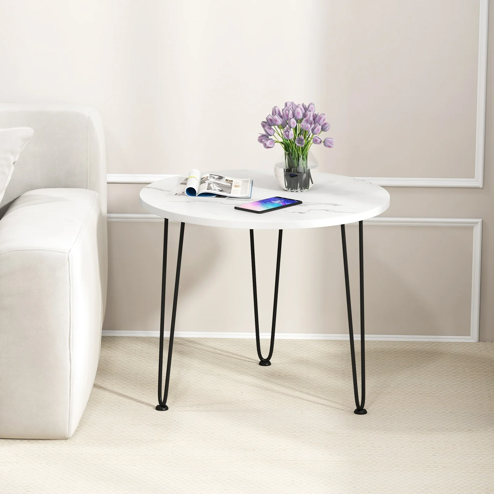 Round Coffee Table, Thickened Tabletop, Metal Tripod Legs, White - Image 2