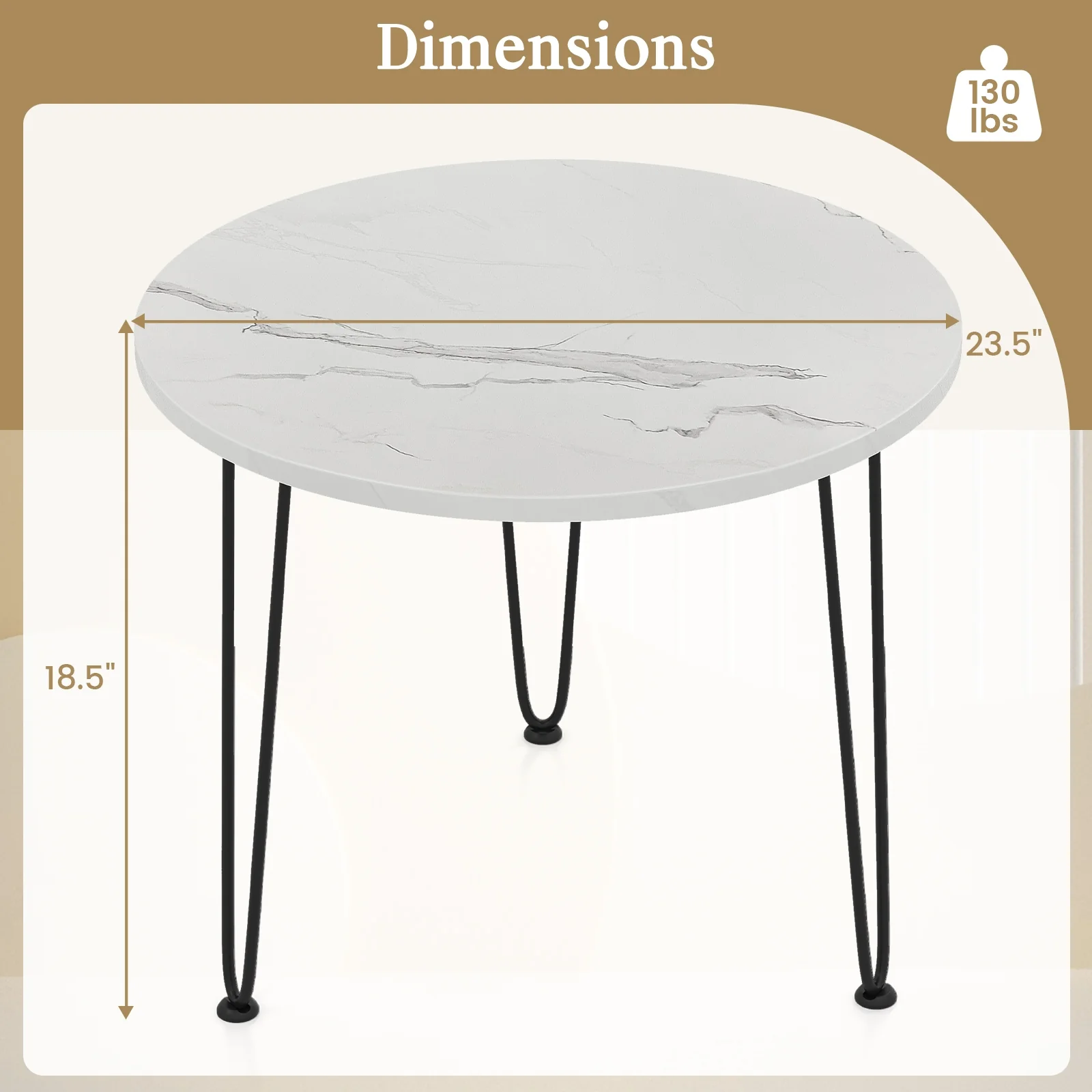 Round Coffee Table, Thickened Tabletop, Metal Tripod Legs, White - Image 6