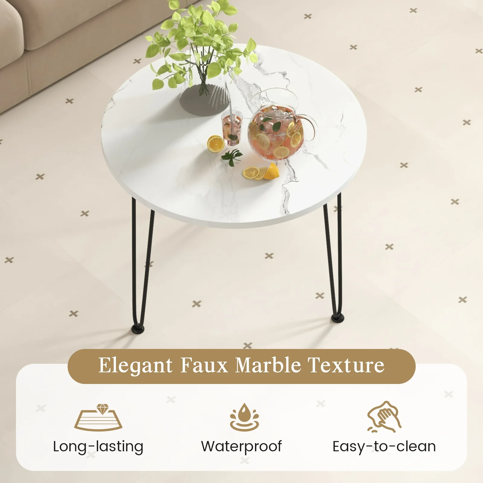 Round Coffee Table, Thickened Tabletop, Metal Tripod Legs, White - Image 7