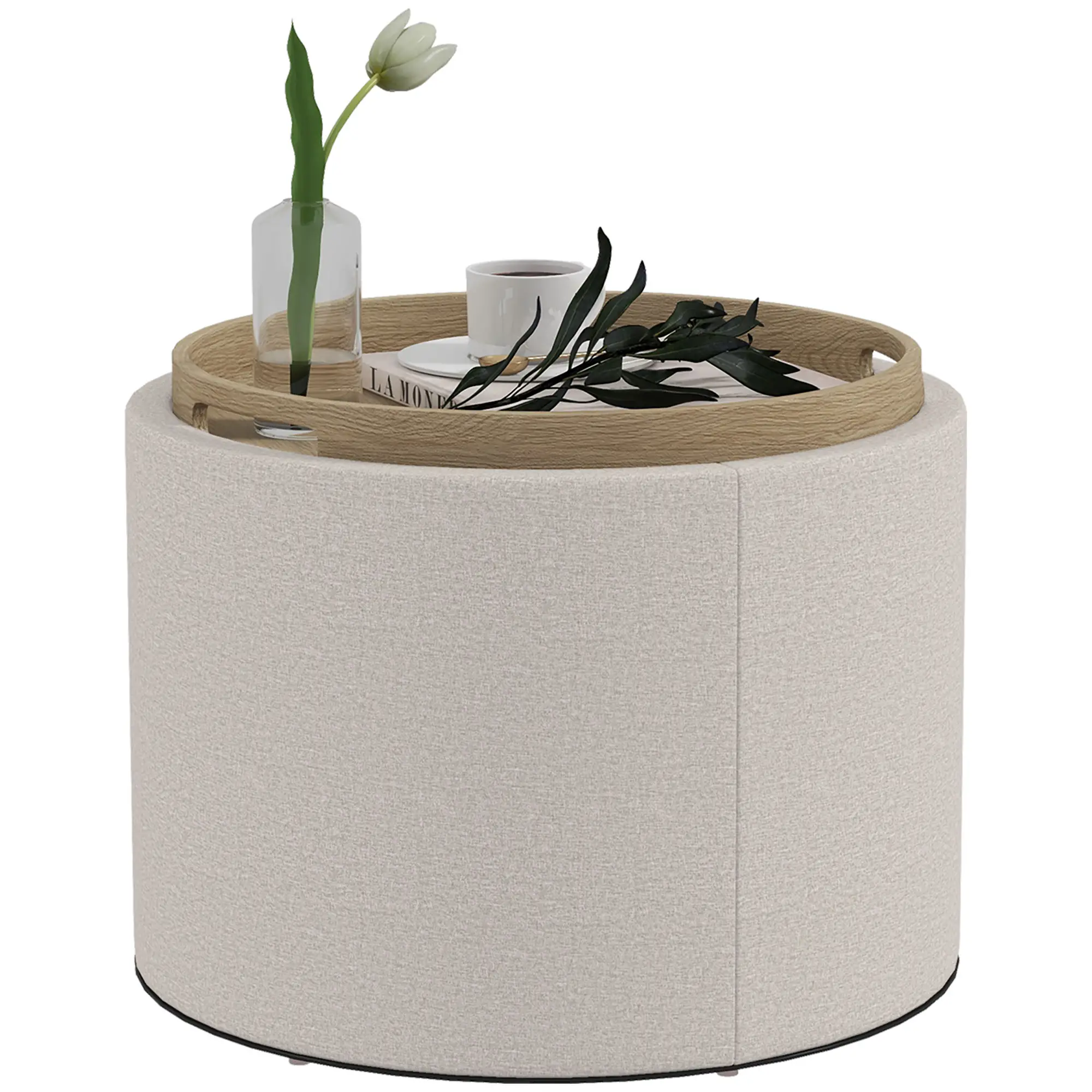 Round Coffee Table with Hidden Storage, Tray Top, Linen Footrest