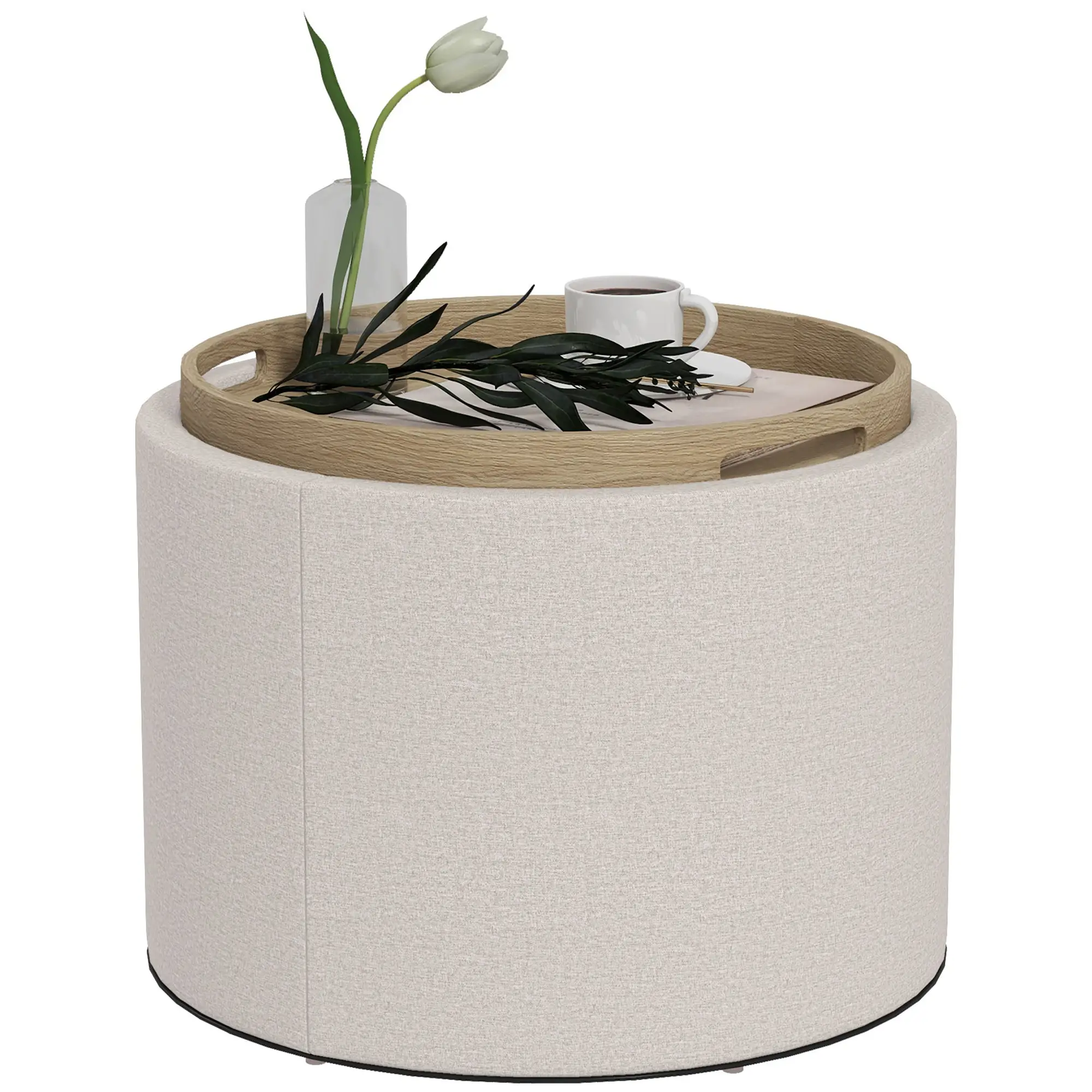 Round Coffee Table with Hidden Storage, Tray Top, Linen Footrest - Image 11