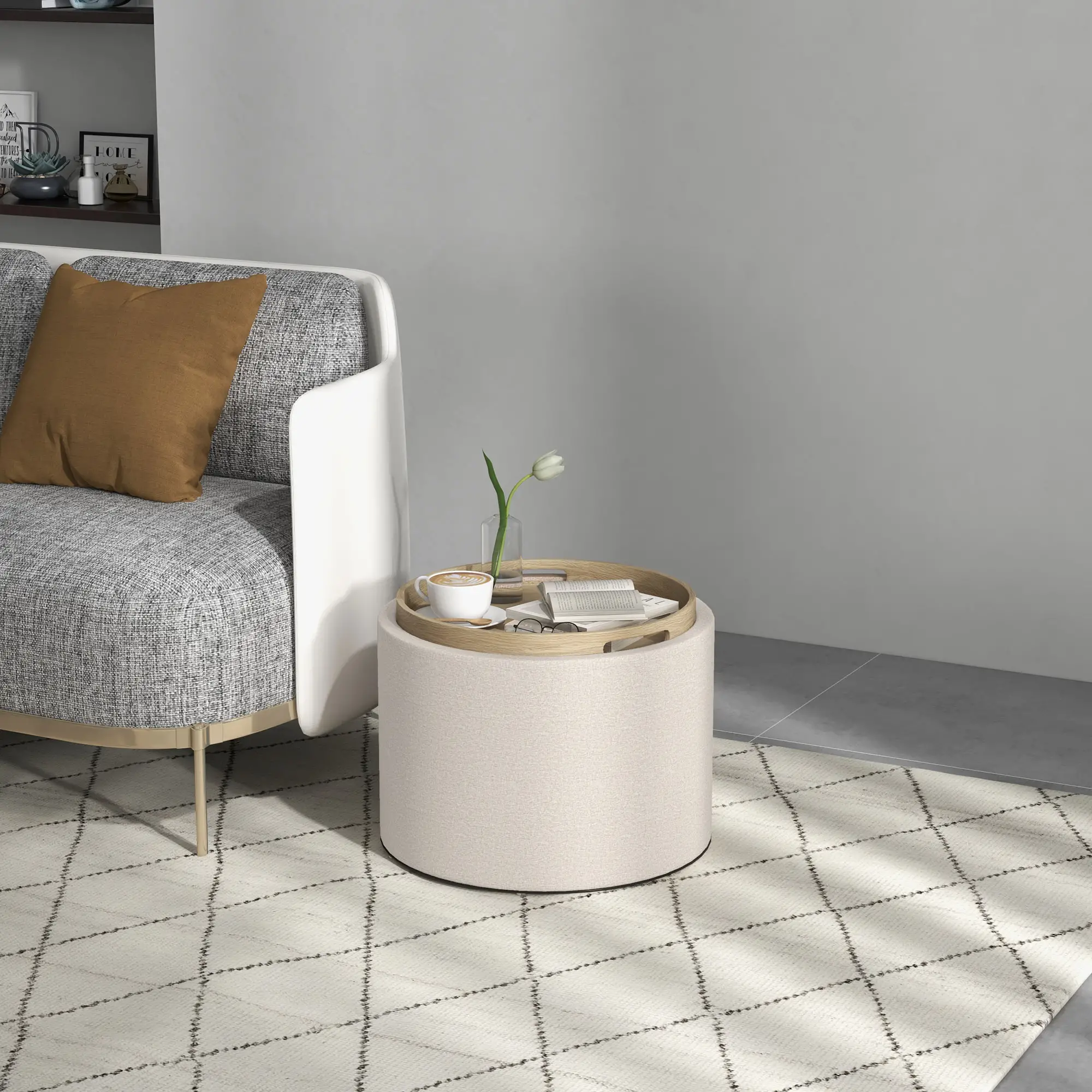 Round Coffee Table with Hidden Storage, Tray Top, Linen Footrest - Image 2