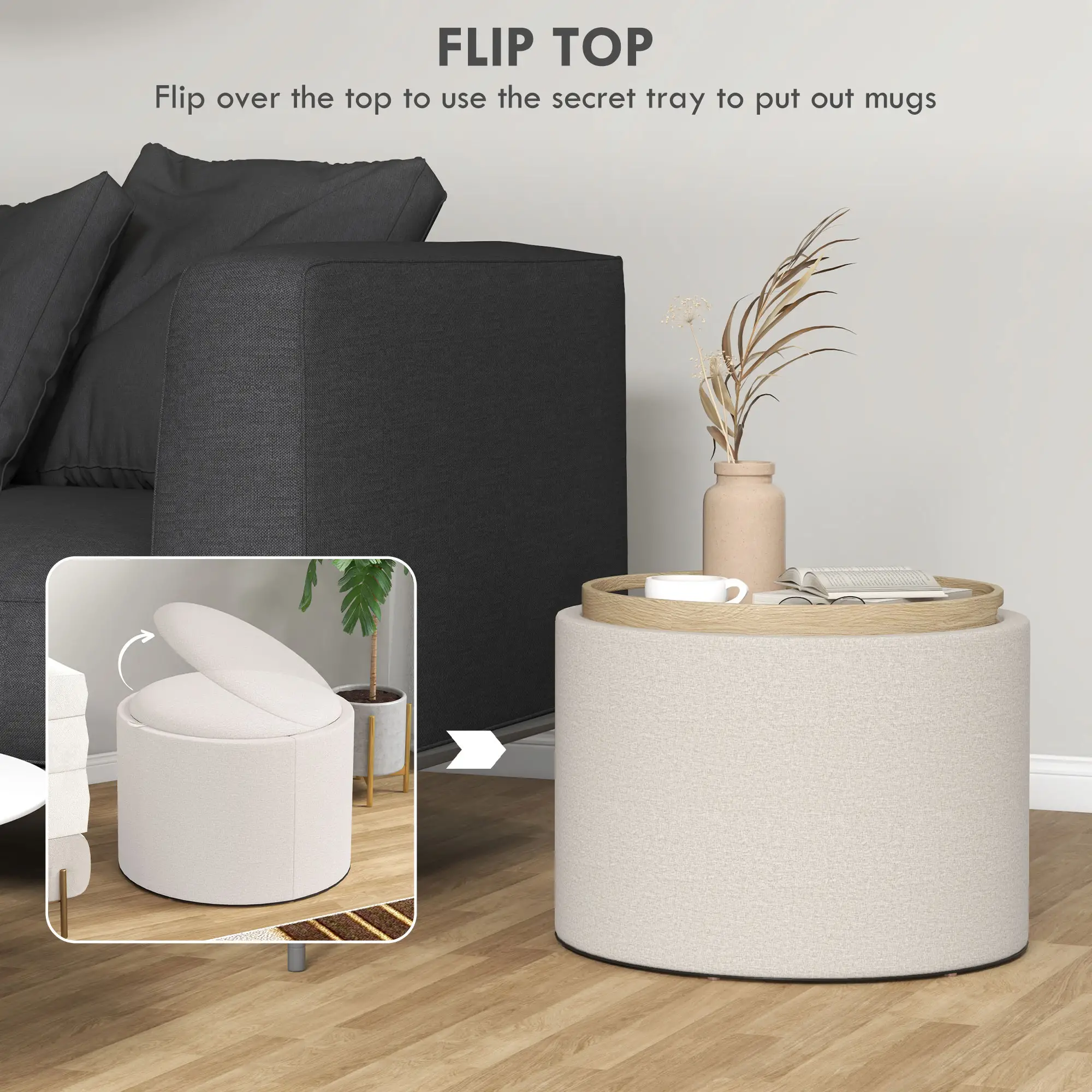 Round Coffee Table with Hidden Storage, Tray Top, Linen Footrest - Image 4