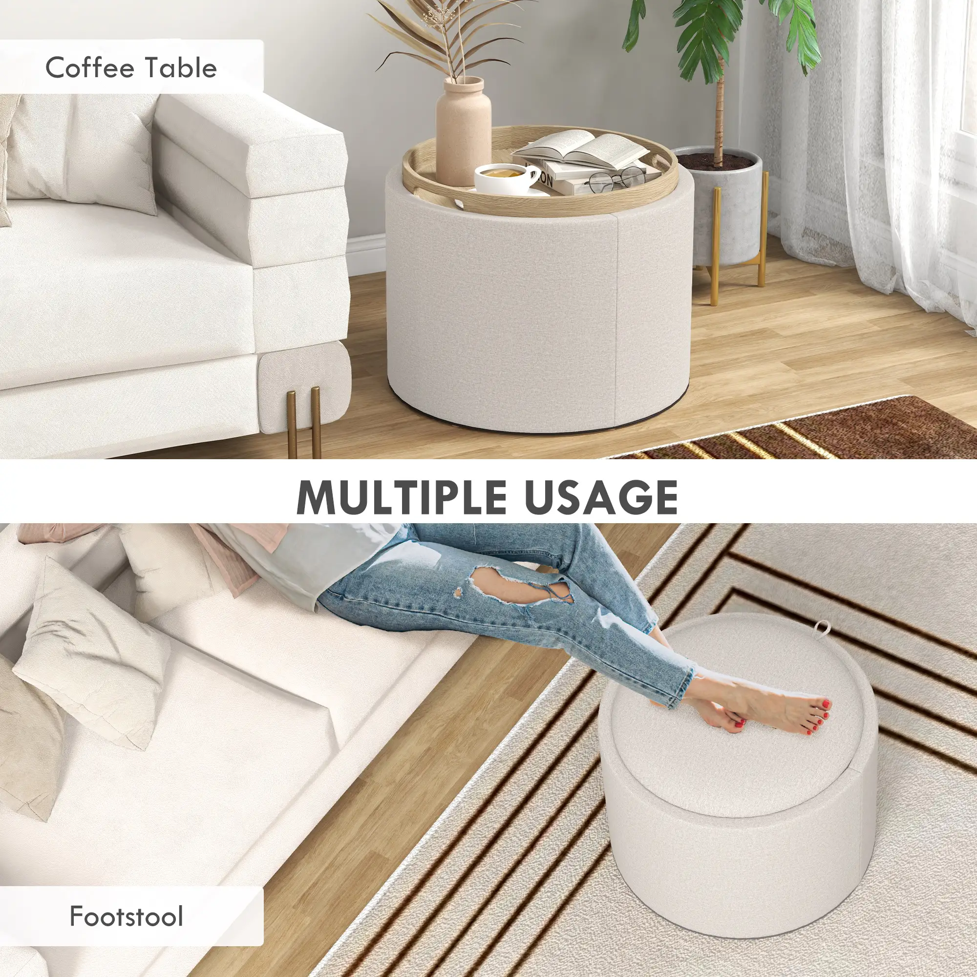Round Coffee Table with Hidden Storage, Tray Top, Linen Footrest - Image 7