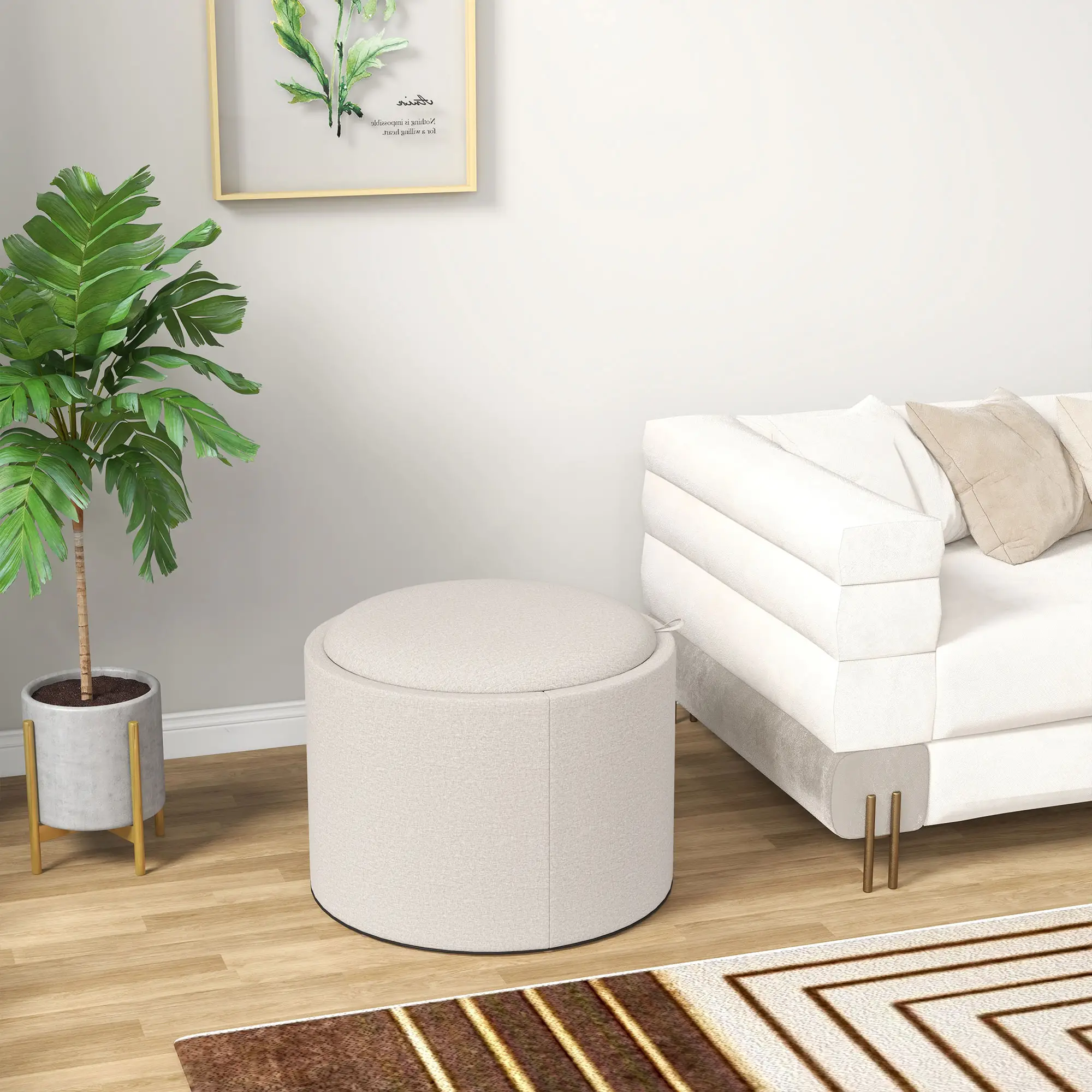 Round Coffee Table with Hidden Storage, Tray Top, Linen Footrest - Image 8