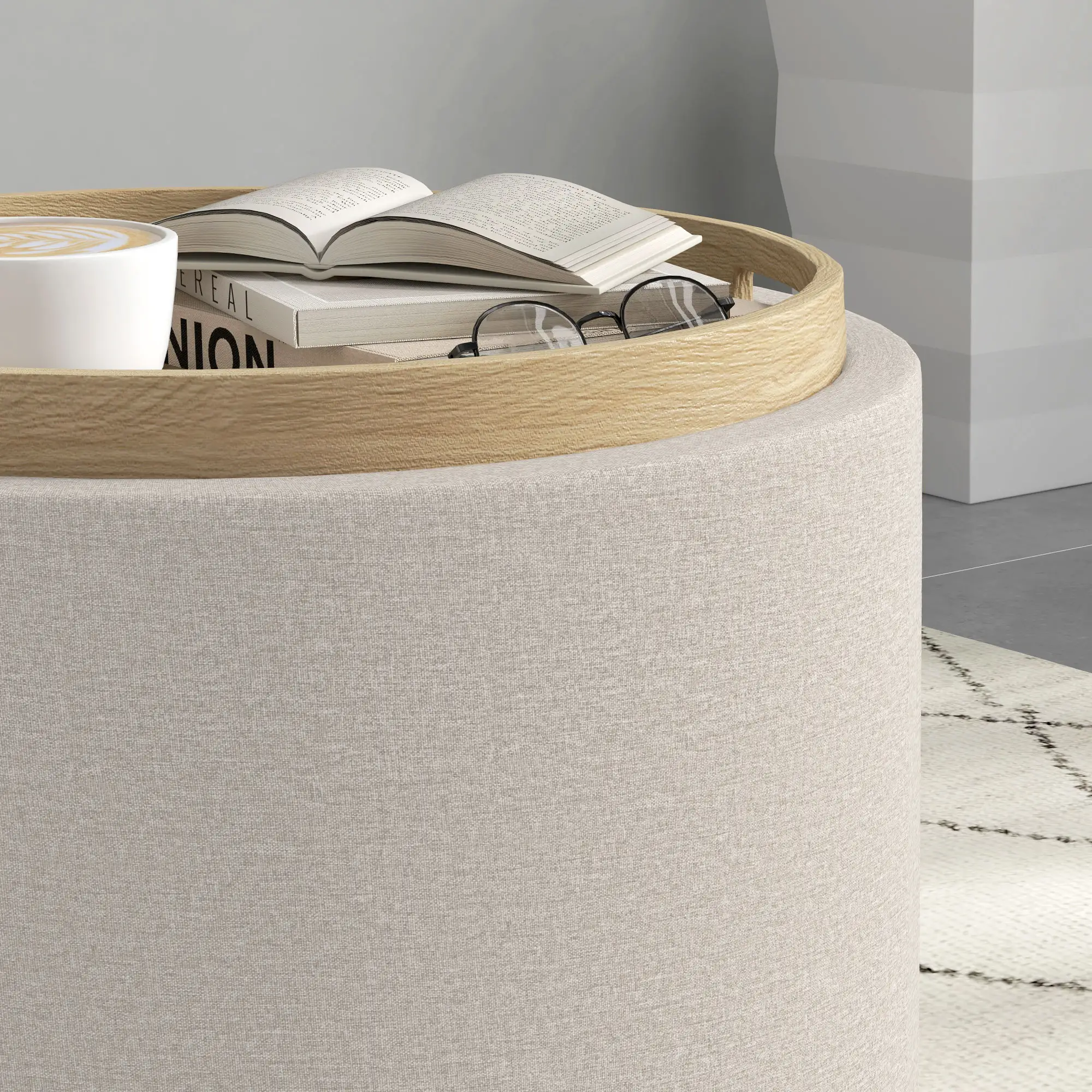 Round Coffee Table with Hidden Storage, Tray Top, Linen Footrest - Image 9