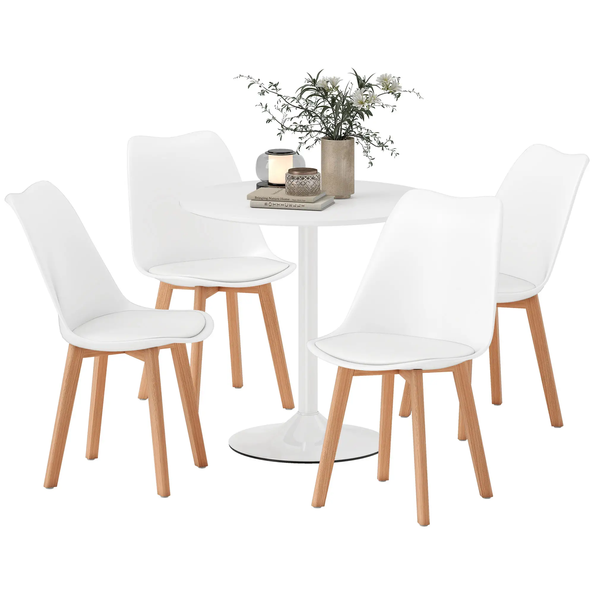 Round Dining Table Set for 4, Pedestal Base, PU Padded Seats, White