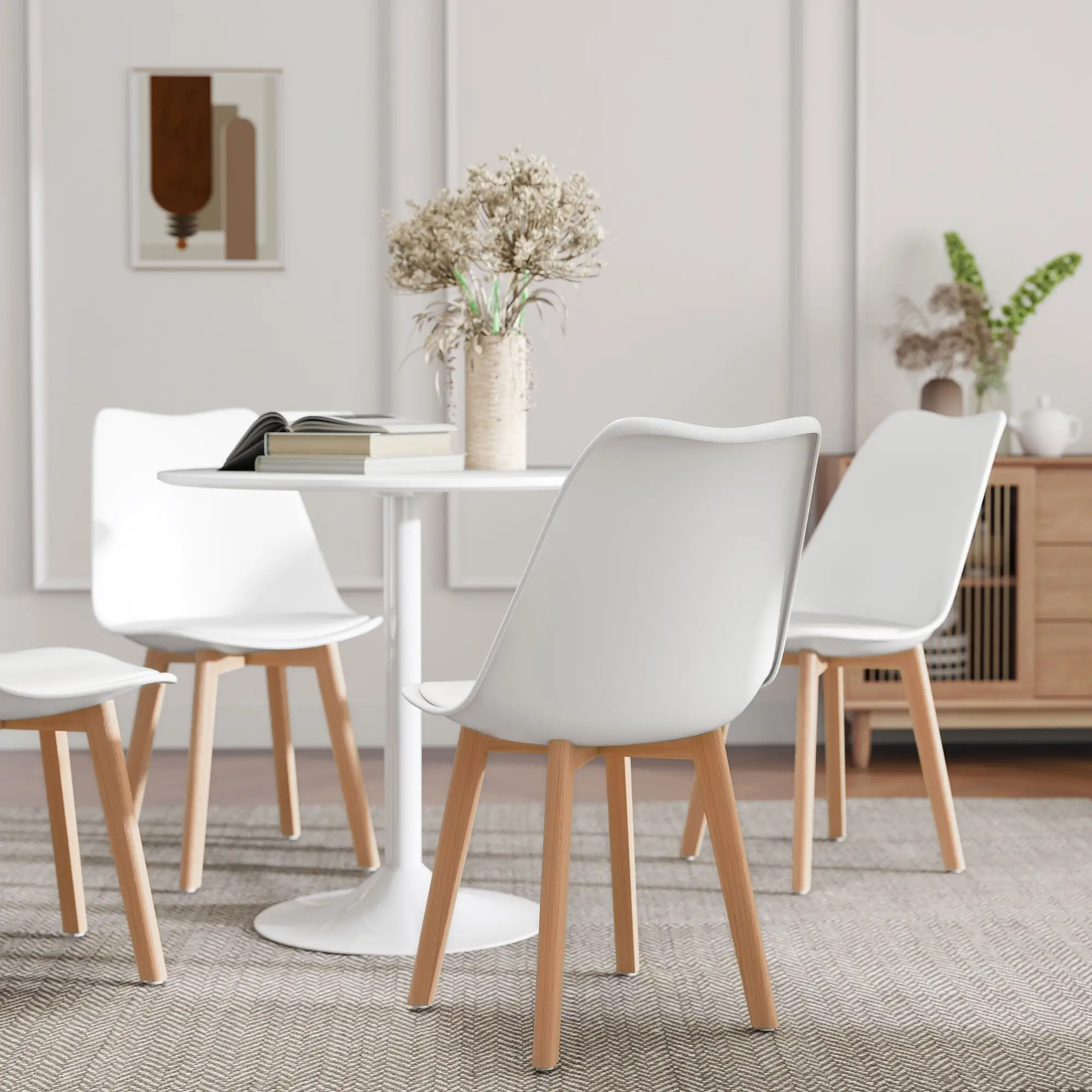 Round Dining Table Set for 4, Pedestal Base, PU Padded Seats, White - Image 10